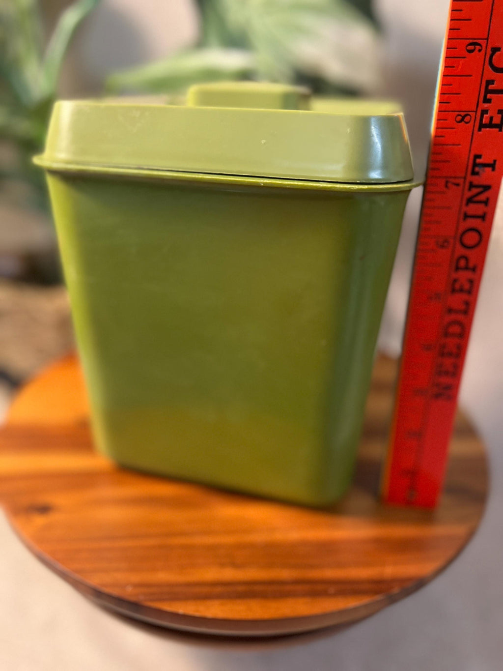1970s Avocado Green Floral Nesting Canister — Retro Plastic Kitchen Storage