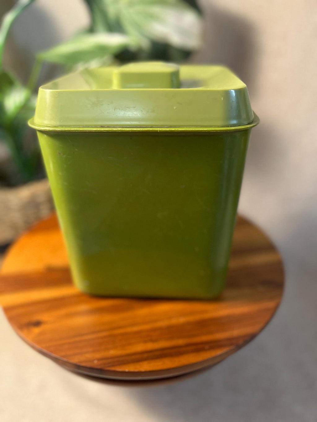 1970s Avocado Green Floral Nesting Canister — Retro Plastic Kitchen Storage