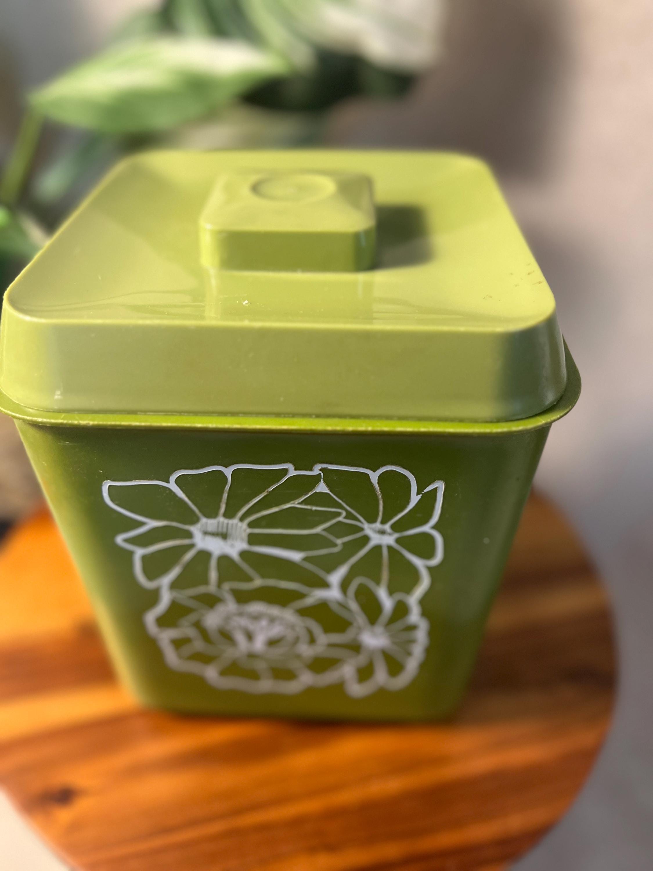 1970s Avocado Green Floral Nesting Canister — Retro Plastic Kitchen Storage