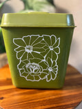 1970s Avocado Green Floral Nesting Canister — Retro Plastic Kitchen Storage