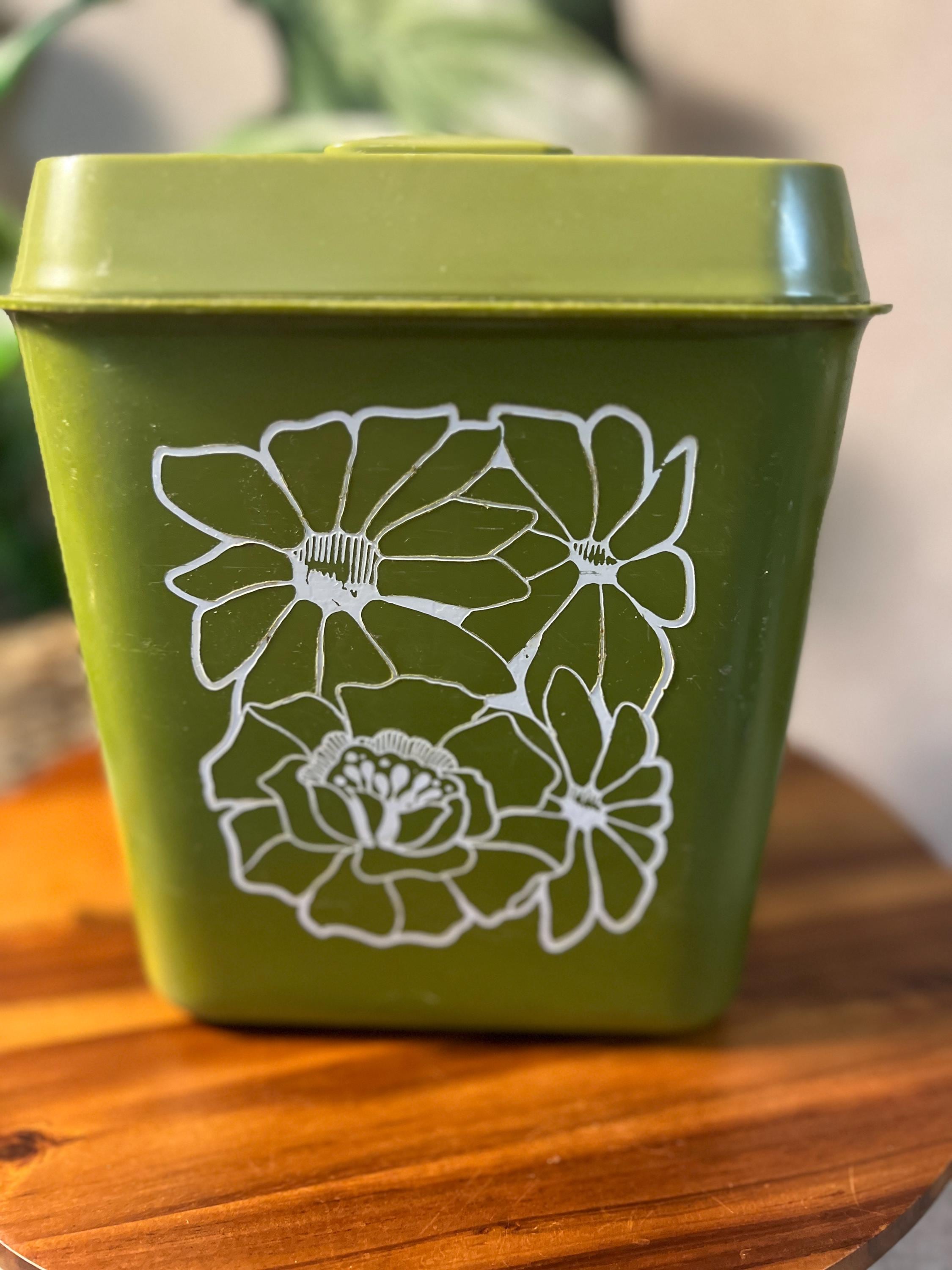 1970s Avocado Green Floral Nesting Canister — Retro Plastic Kitchen Storage