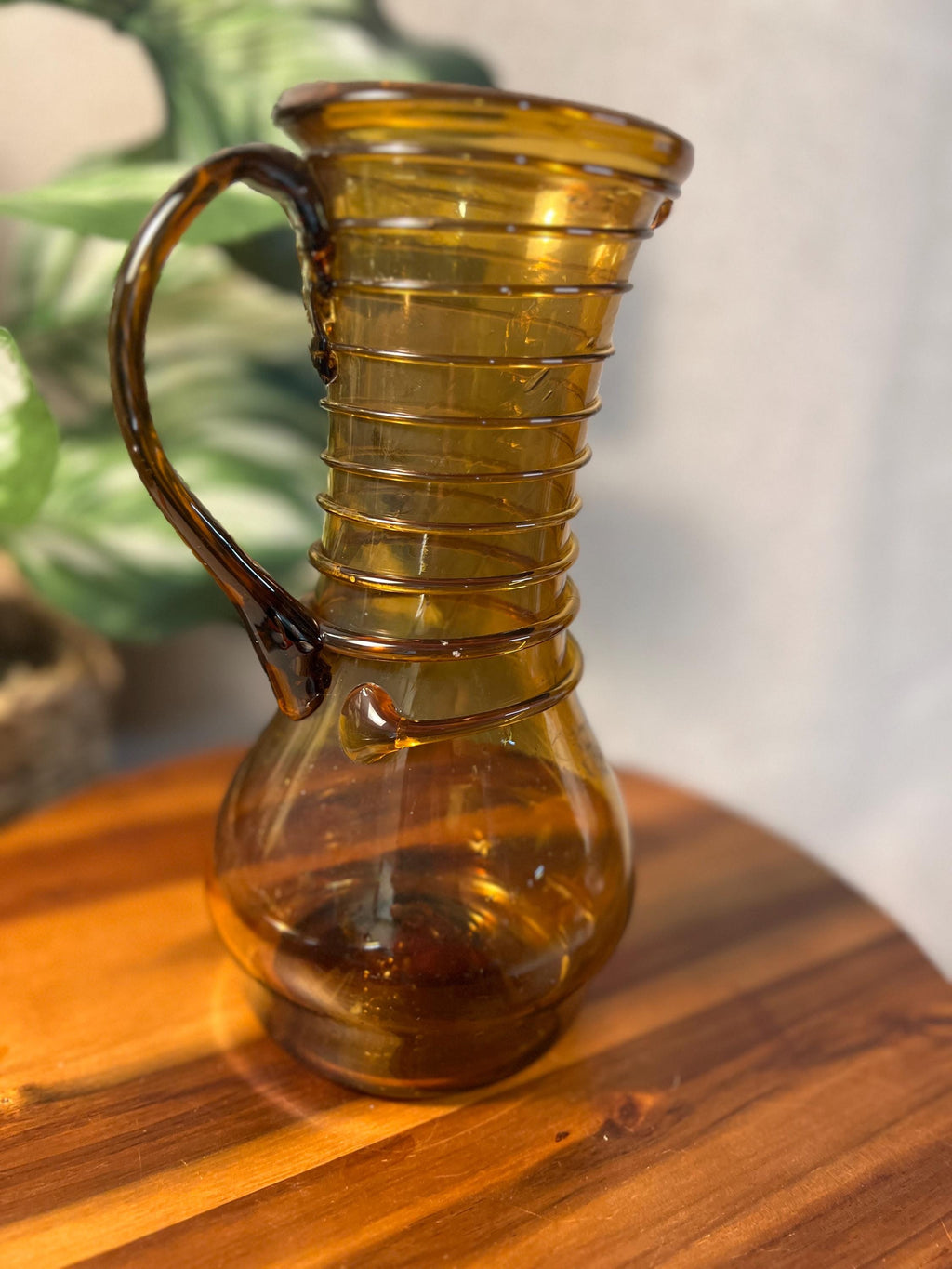 Vintage Amber Glass pitcher Hand blown Mid-Century Modern with a spiral rope design