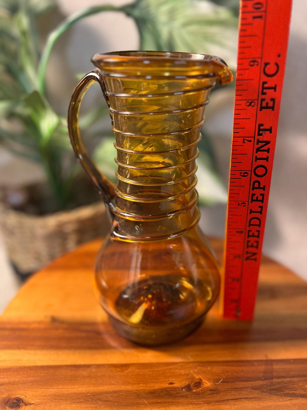 Vintage Amber Glass pitcher Hand blown Mid-Century Modern with a spiral rope design
