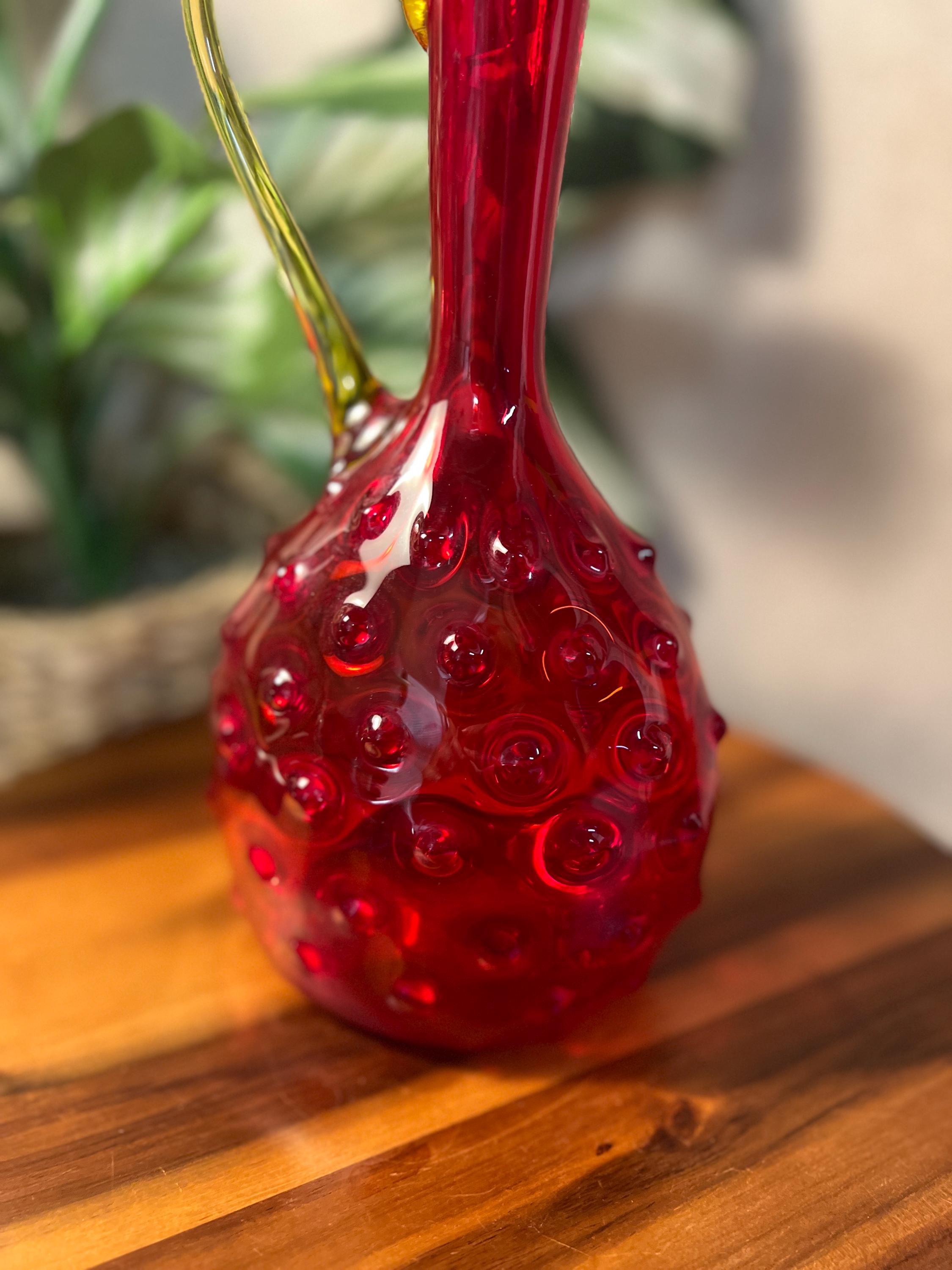 Vintage Amberina Hobnail Art Glass Pitcher W Handle Ruby Red 11" Hand Blown