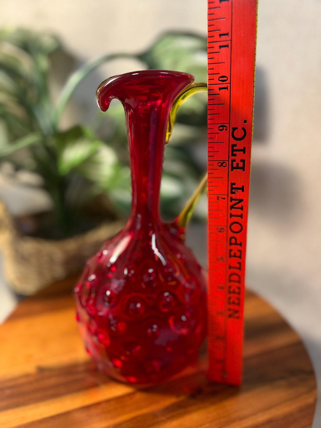 Vintage Amberina Hobnail Art Glass Pitcher W Handle Ruby Red 11" Hand Blown