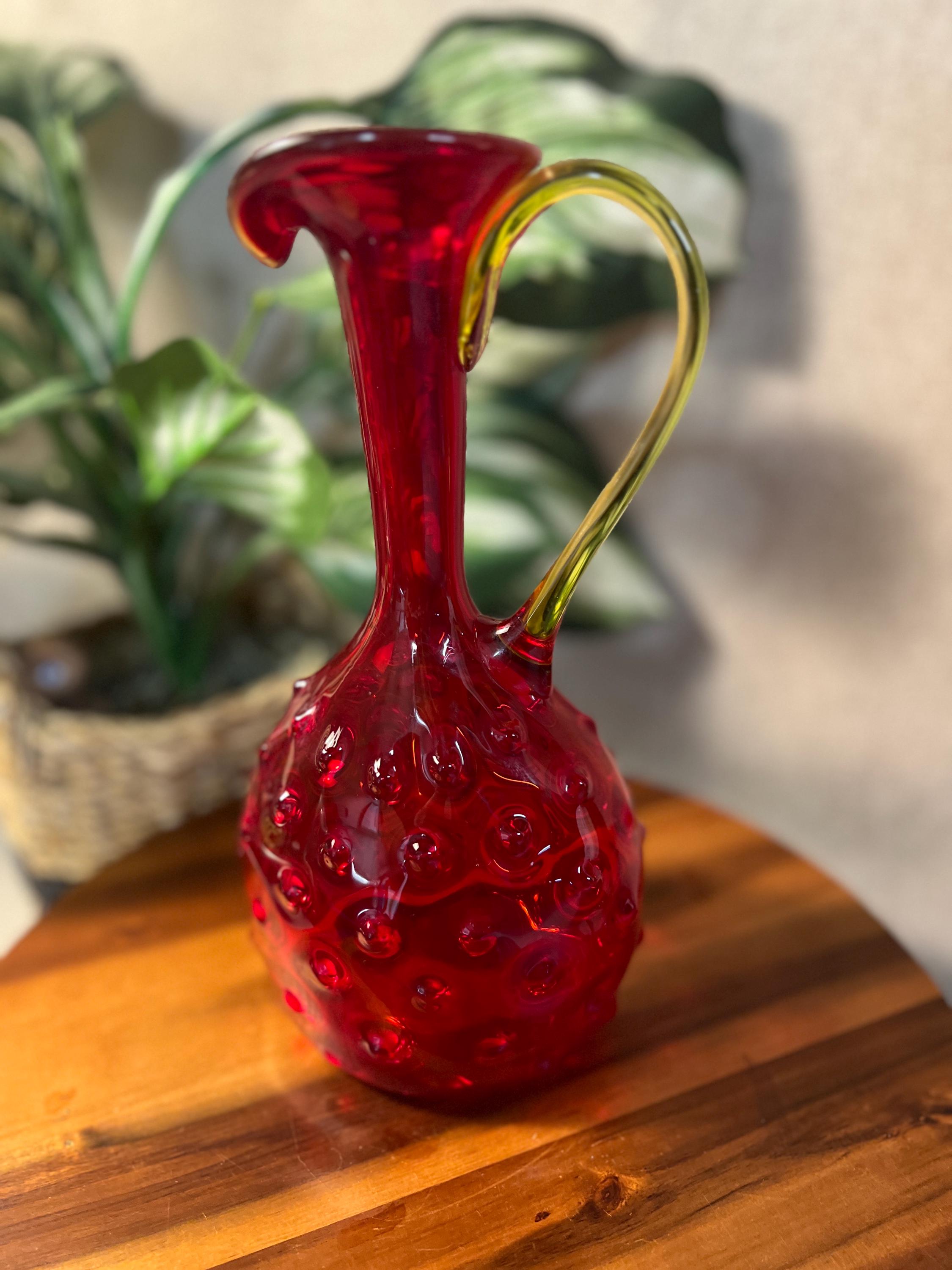 Vintage Amberina Hobnail Art Glass Pitcher W Handle Ruby Red 11" Hand Blown