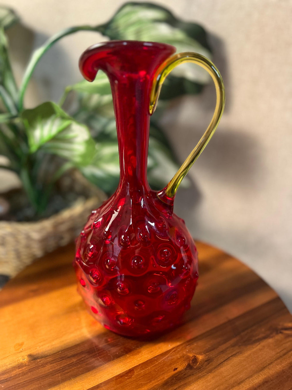 Vintage Amberina Hobnail Art Glass Pitcher W Handle Ruby Red 11" Hand Blown