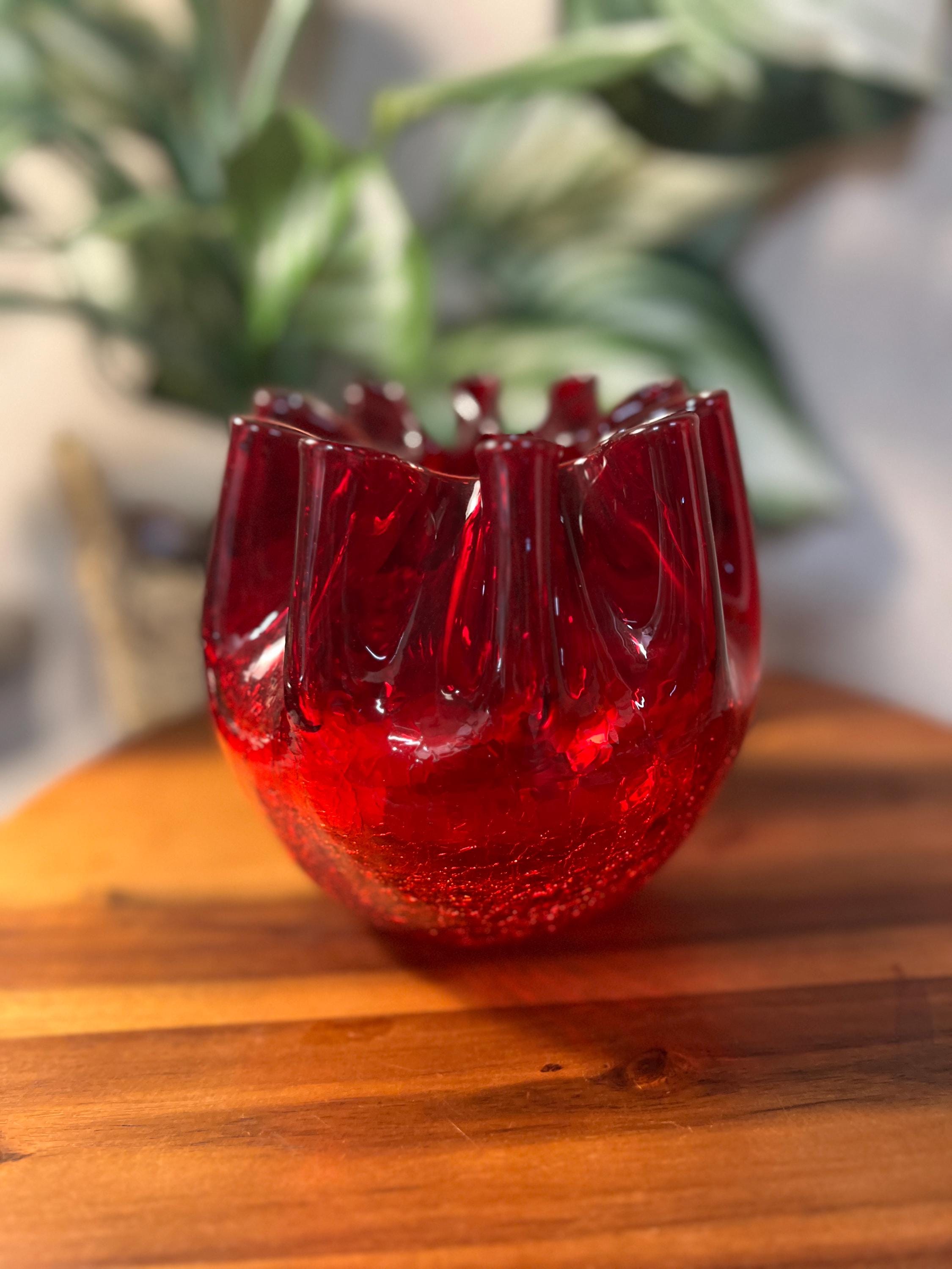 Vintage MCM Pilgrim Glass Red Crimped Edge Crackle Glass 5 Bowl Vase