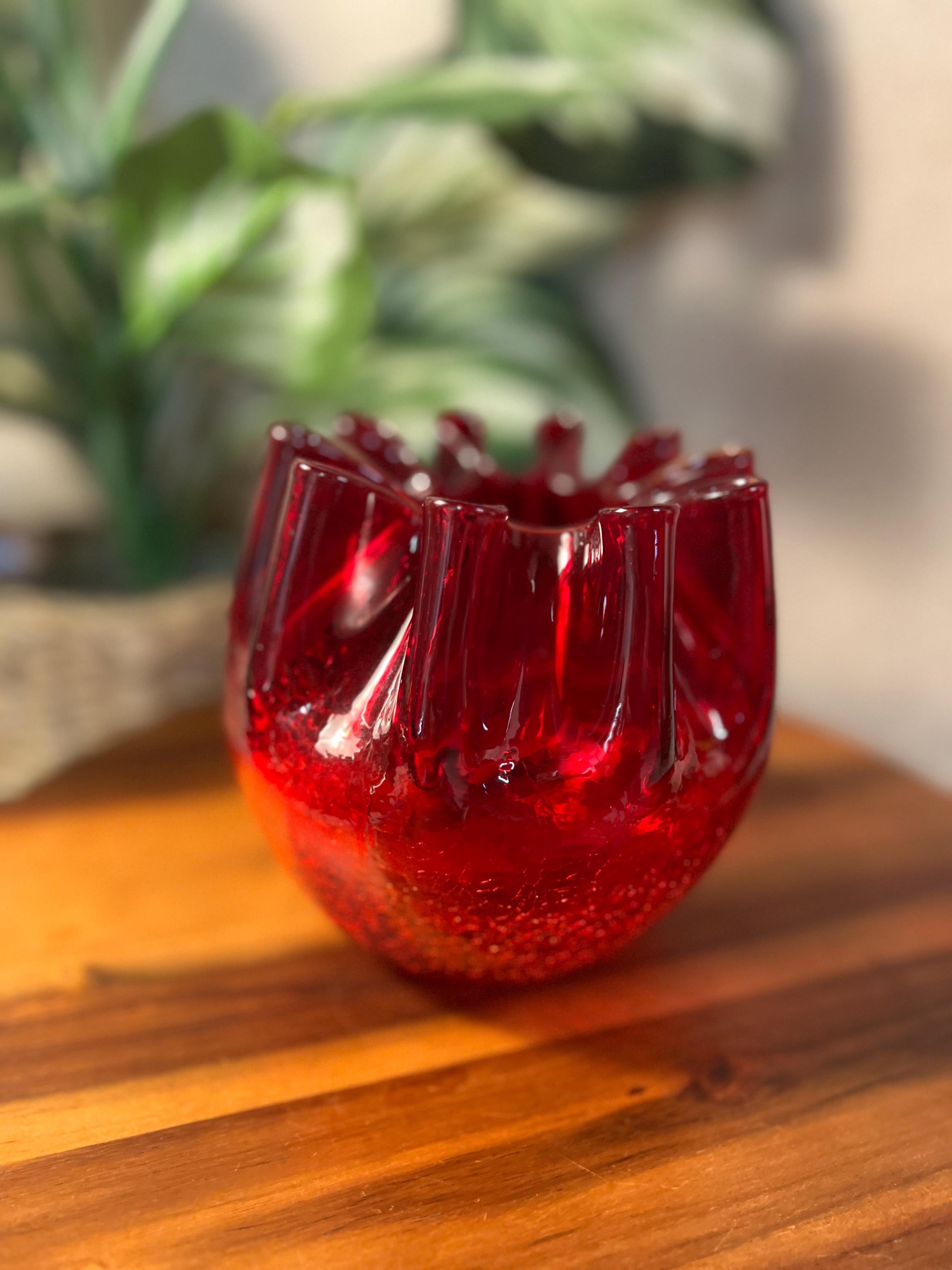 Vintage MCM Pilgrim Glass Red Crimped Edge Crackle Glass 5 Bowl Vase