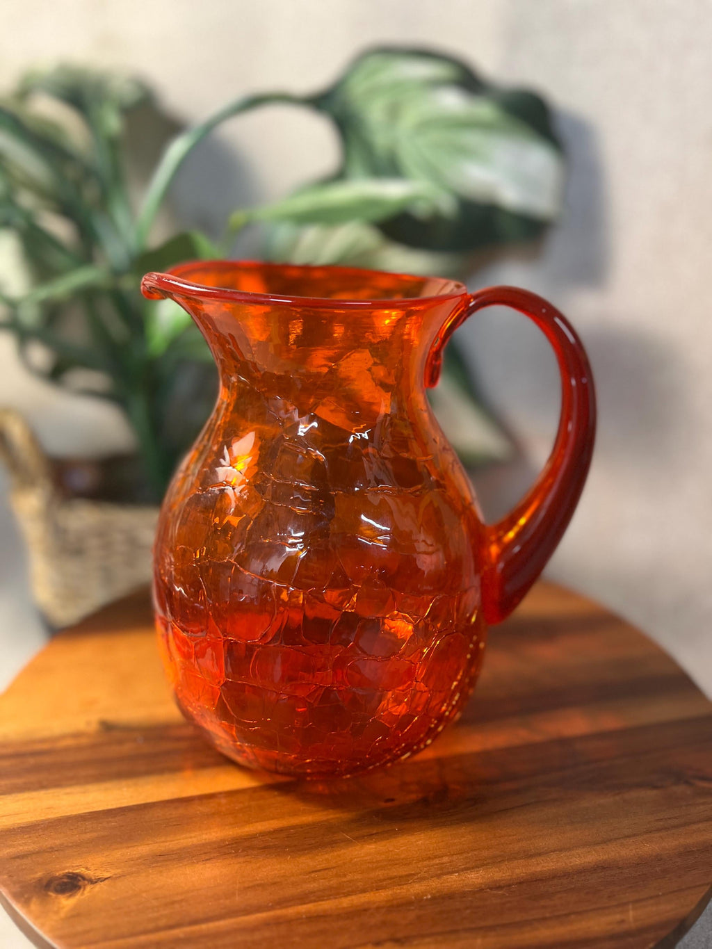 Vintage MCM Blenko Glass 637M Pitcher In Amberina Crackle Stunning