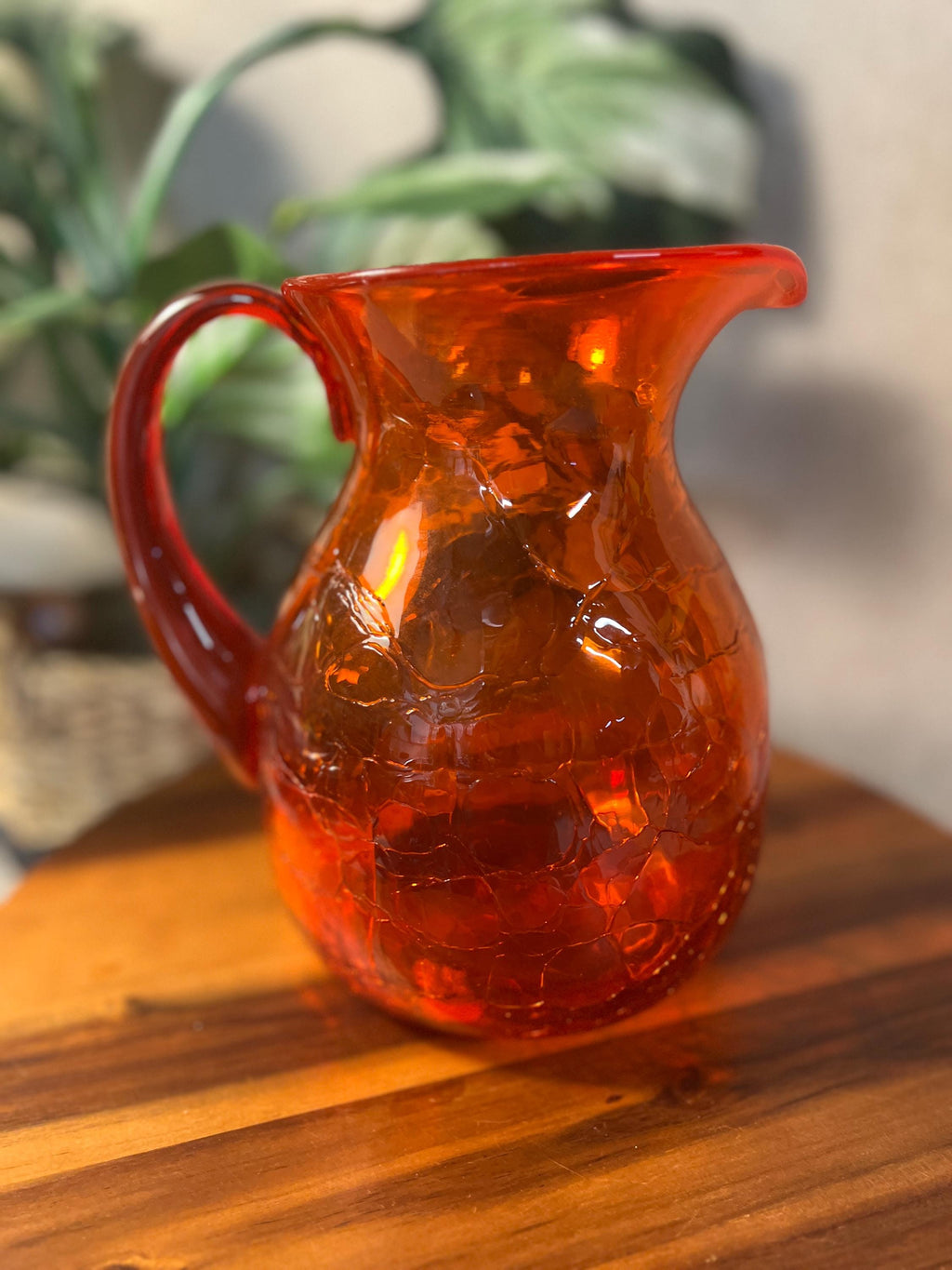 Vintage MCM Blenko Glass 637M Pitcher In Amberina Crackle Stunning