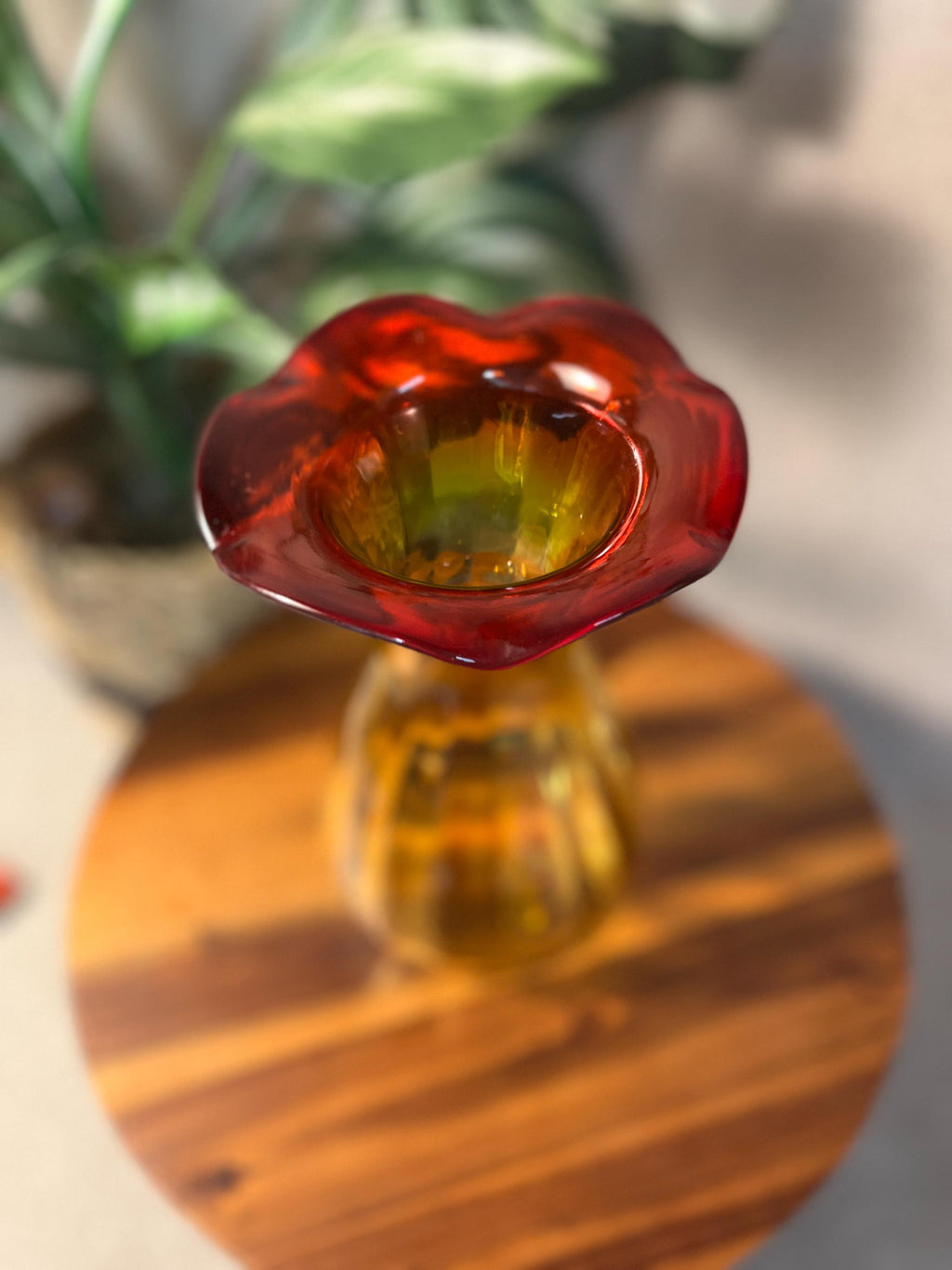 Vintage Kanawha Glass Amberina Orange and Yellow Vase 8 Ruffled Edge