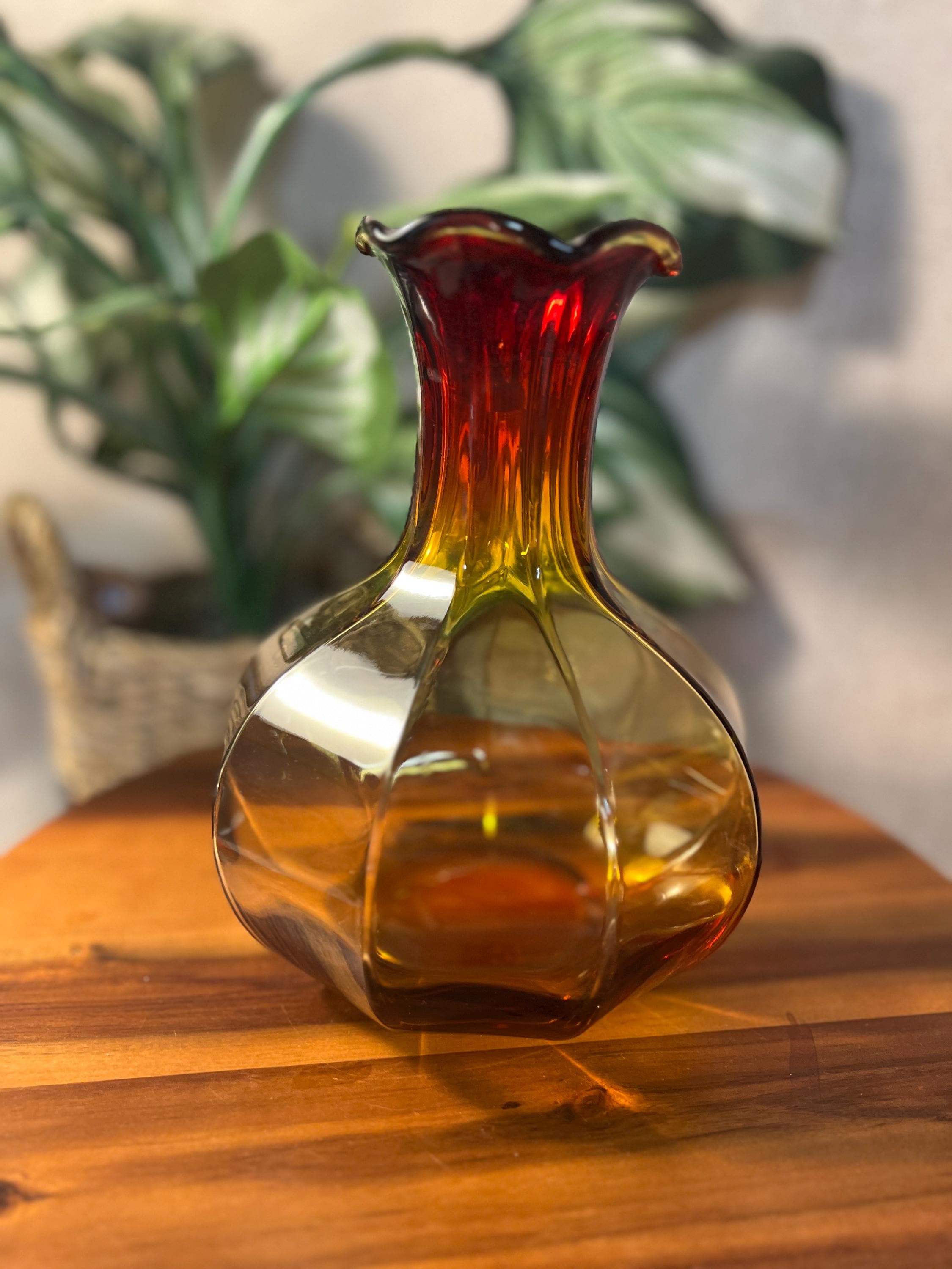 Vintage Kanawha Glass Amberina Orange and Yellow Vase 7.5 Ruffled Edge