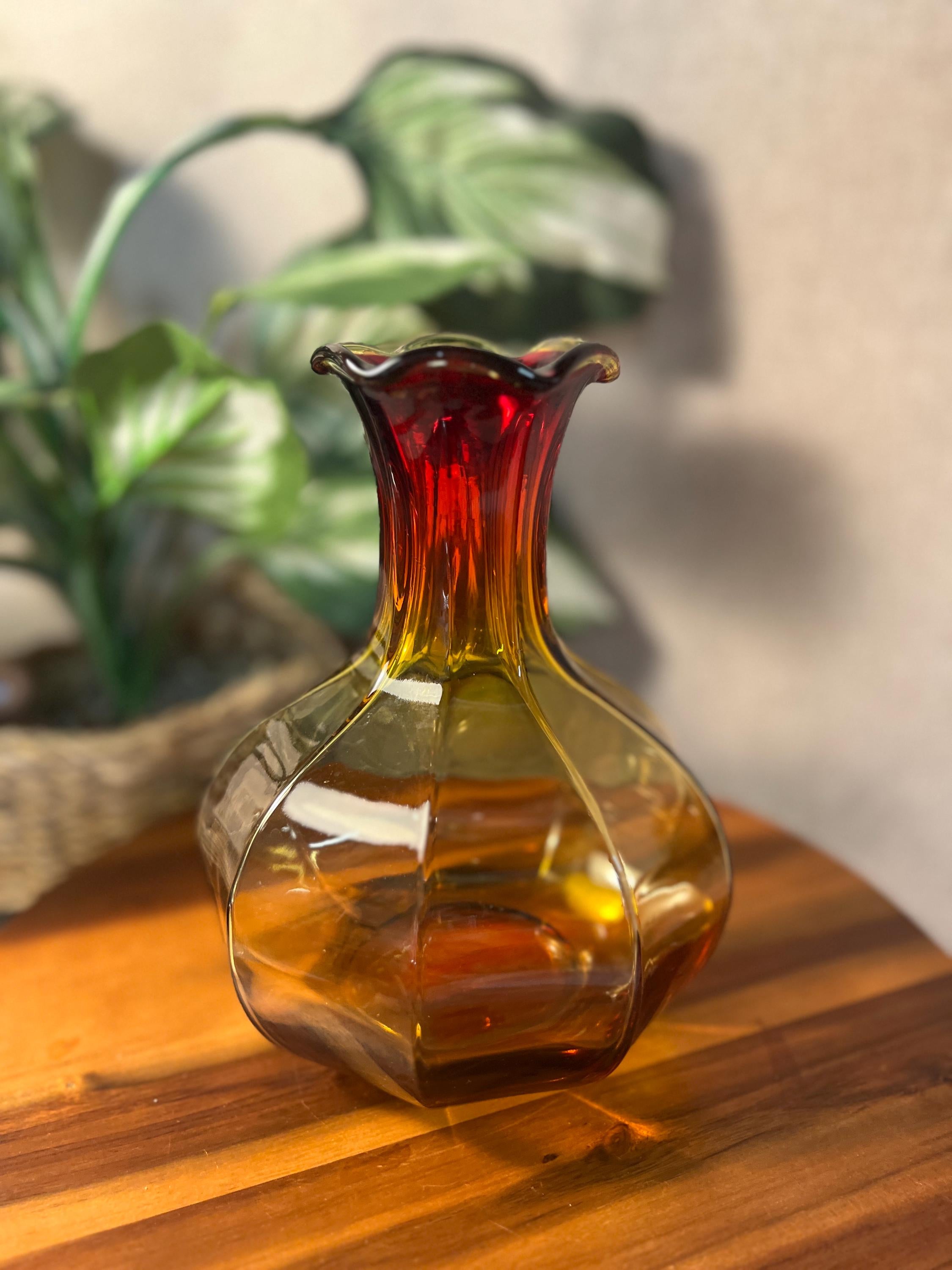 Vintage Kanawha Glass Amberina Orange and Yellow Vase 7.5 Ruffled Edge