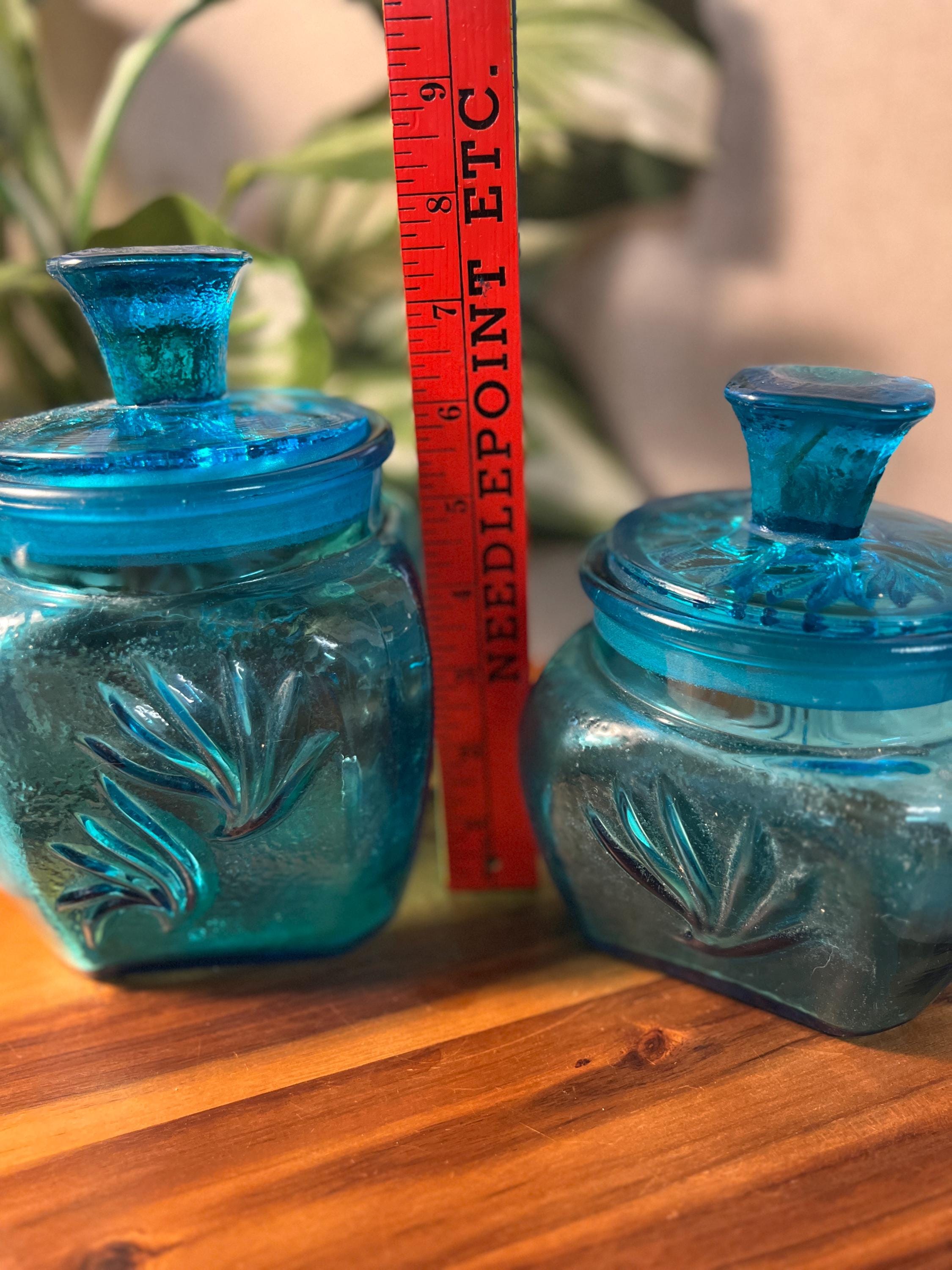 Vintage L E Smith Blue 1960 Sand Swirl Canister Set of 2 Turquoise Glass W Lids