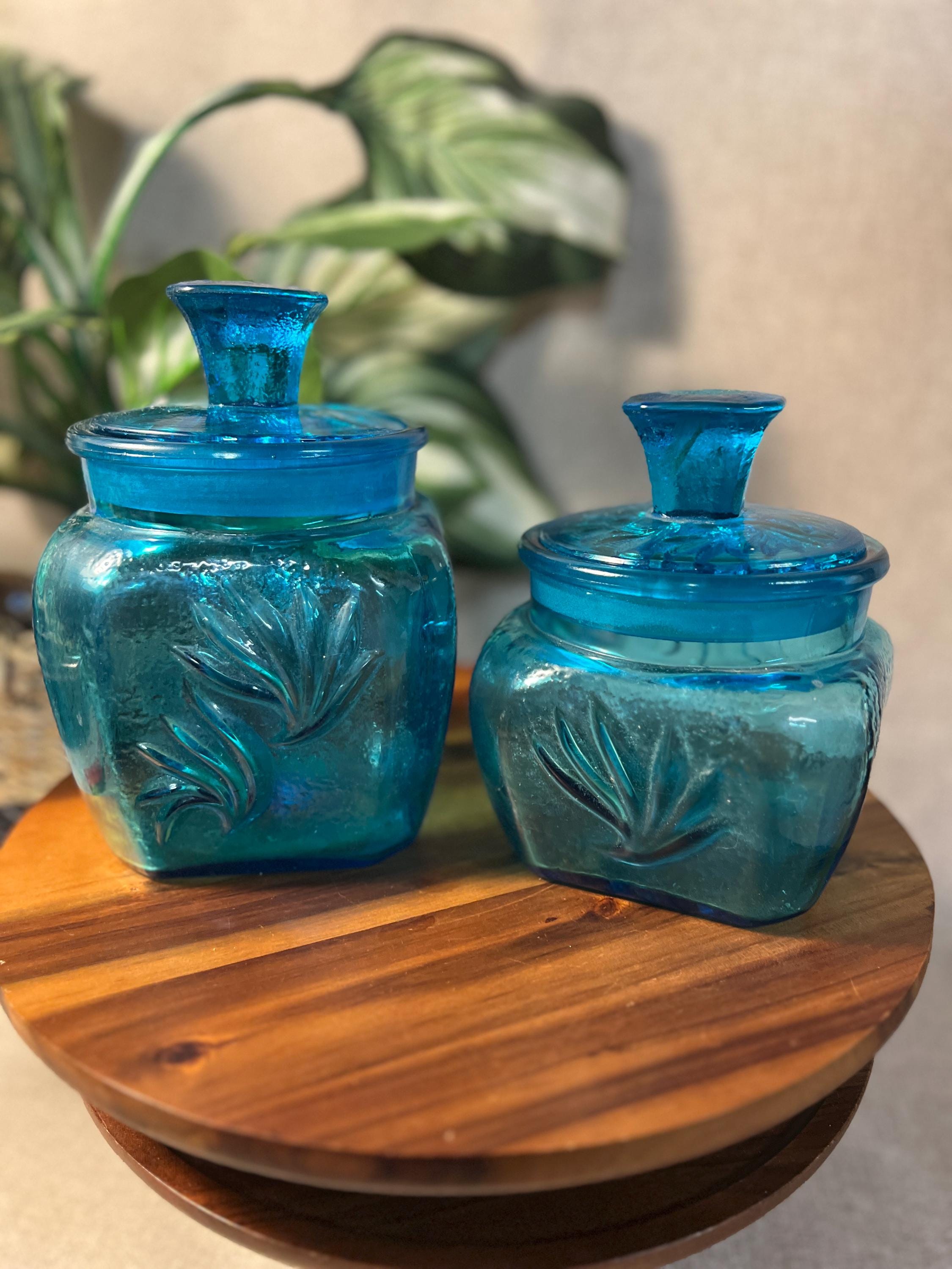 Vintage L E Smith Blue 1960 Sand Swirl Canister Set of 2 Turquoise Glass W Lids