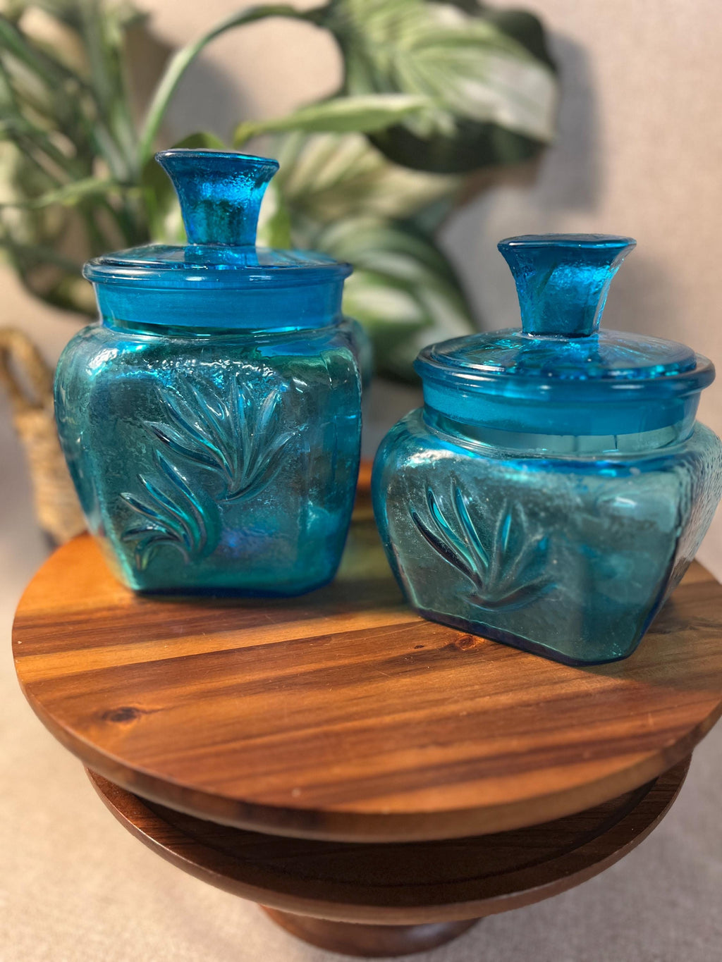 Vintage L E Smith Blue 1960 Sand Swirl Canister Set of 2 Turquoise Glass W Lids