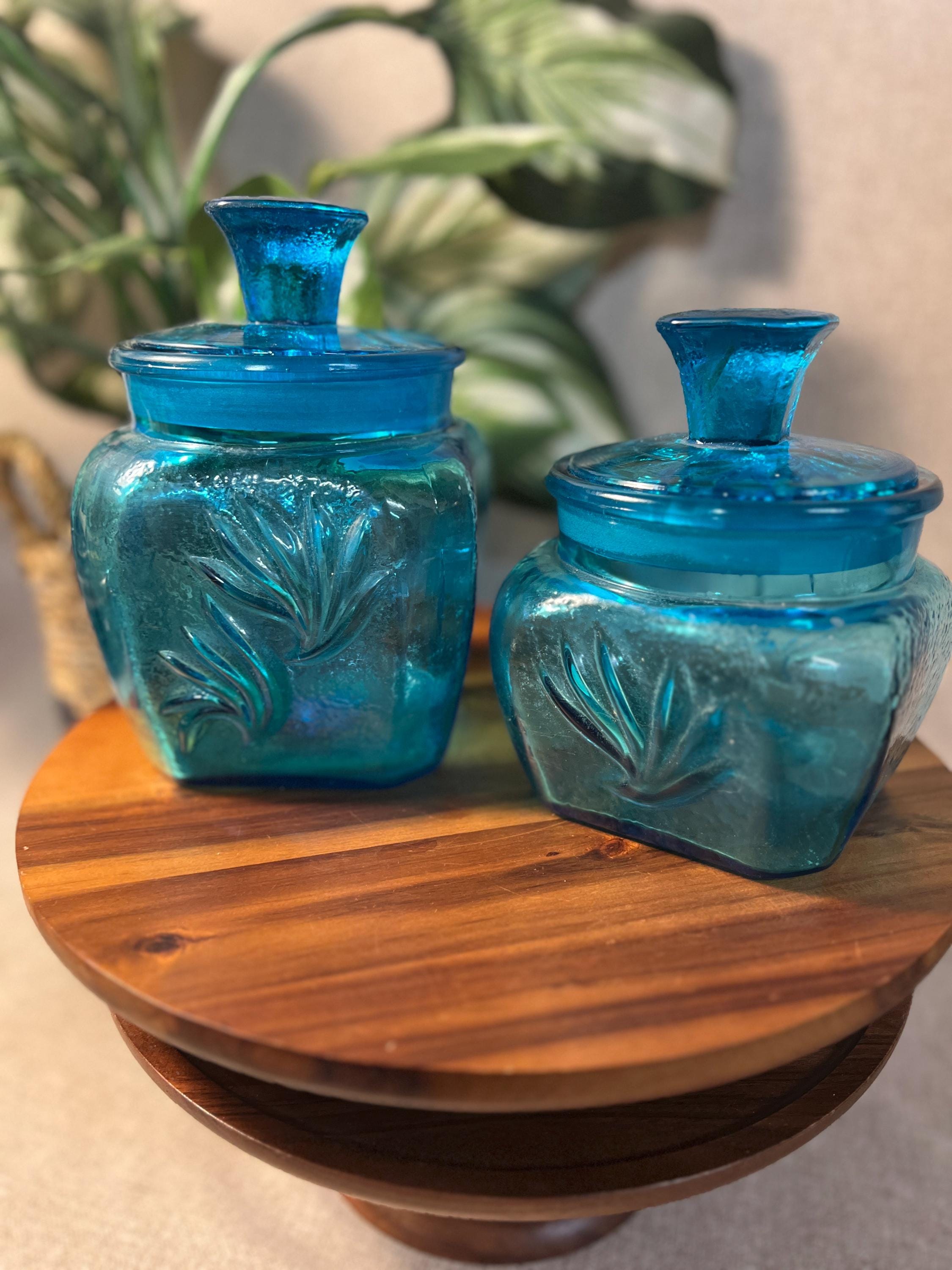 Vintage L E Smith Blue 1960 Sand Swirl Canister Set of 2 Turquoise Glass W Lids