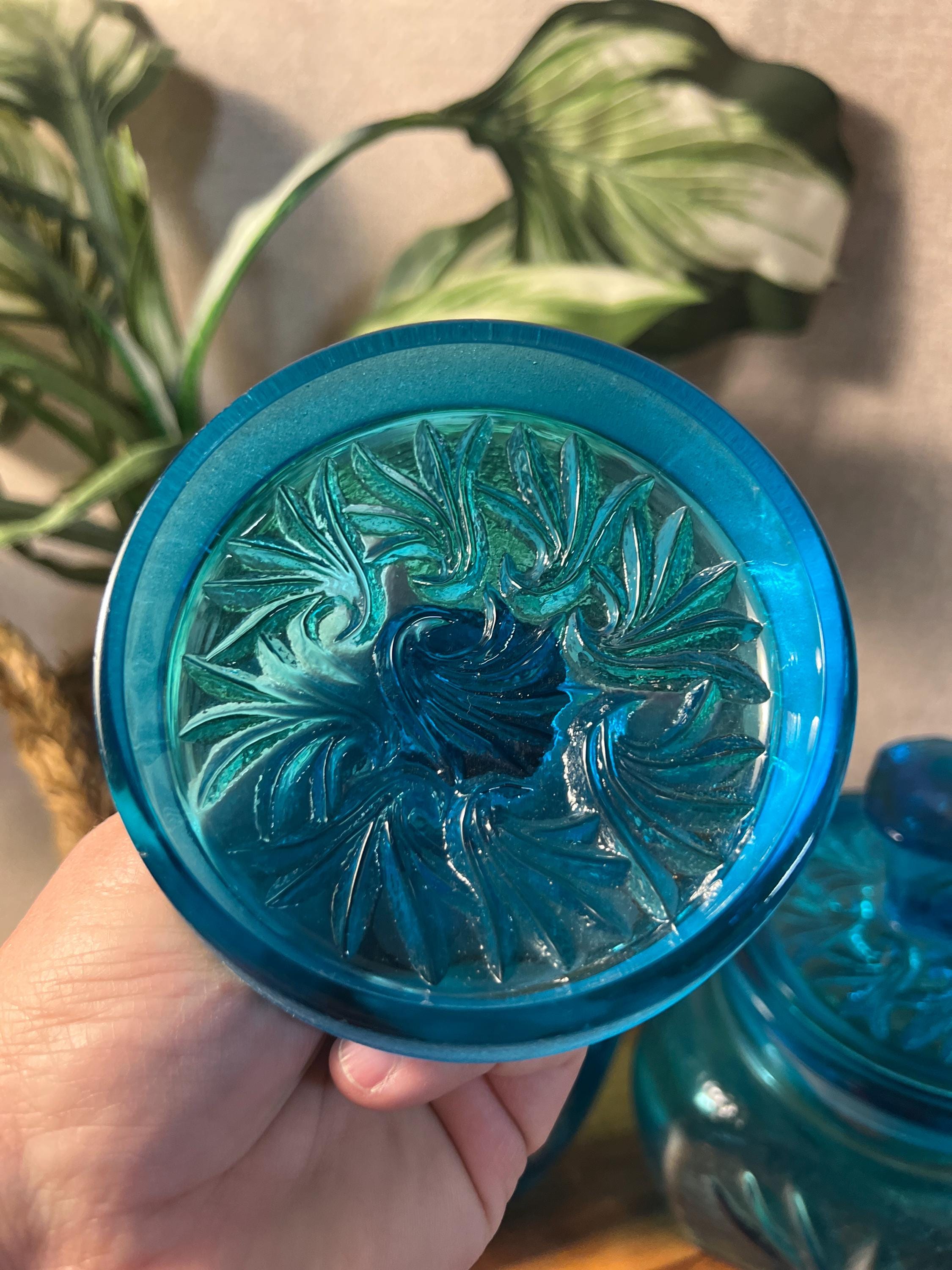Vintage L E Smith Blue 1960 Sand Swirl Canister Set of 2 Turquoise Glass W Lids
