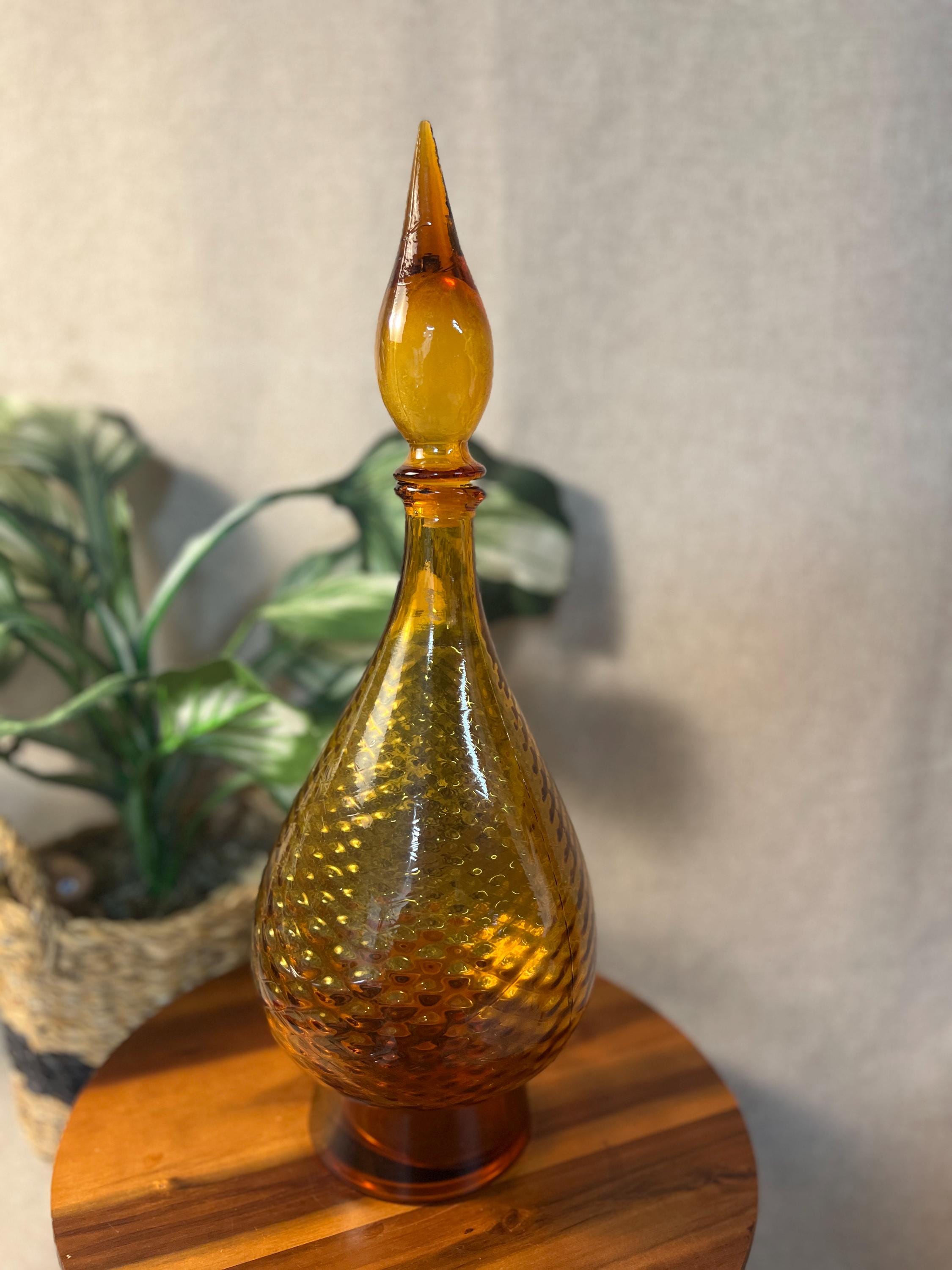 Vintage Mid-Century Modern Amber Empoli Glass Genie Decanter Bottle 18
