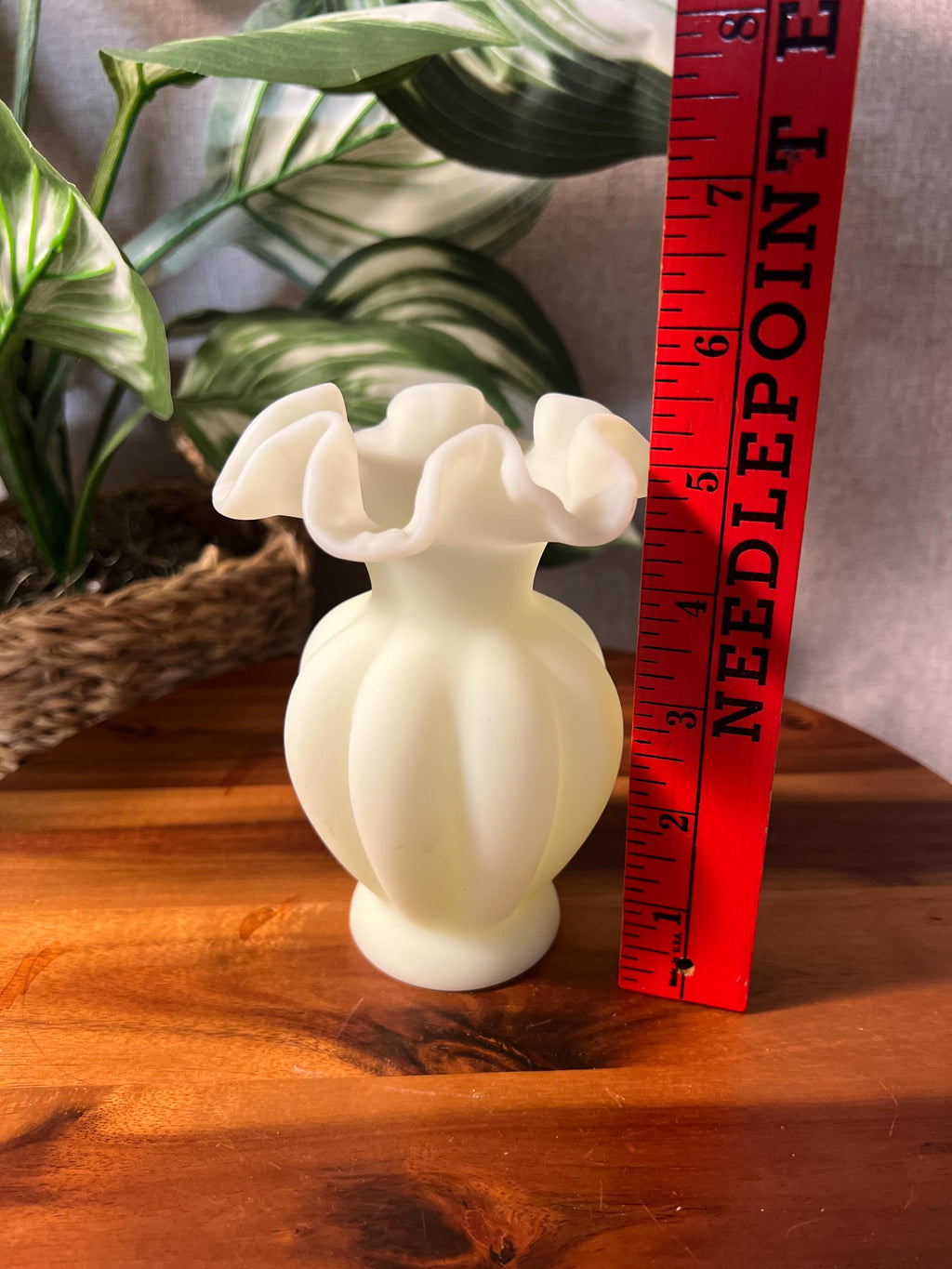 Fenton Vase Custard Satin Uranium Glass. Ruffled Edges Melon Style