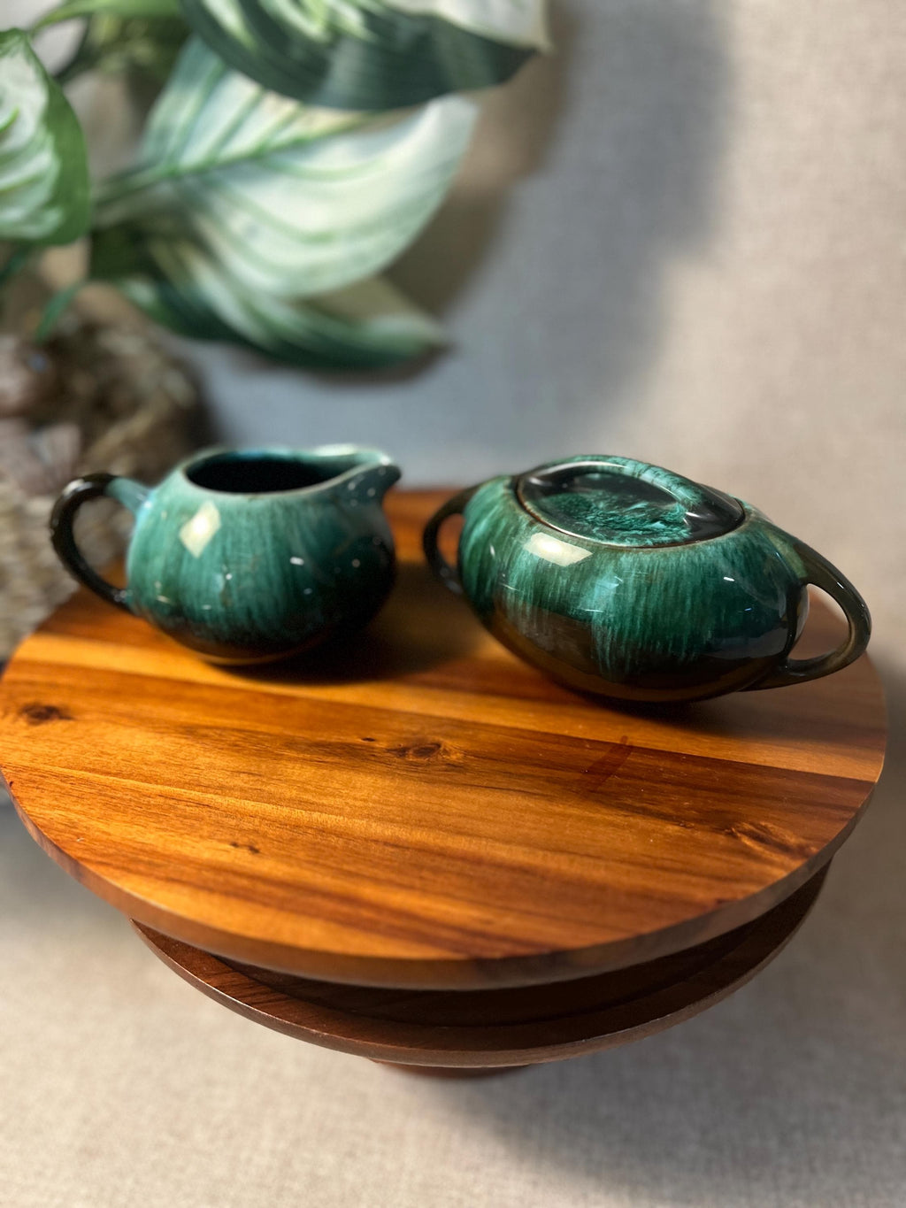 Blue Mountain Pottery sugar bowl and creamer in drip glaze