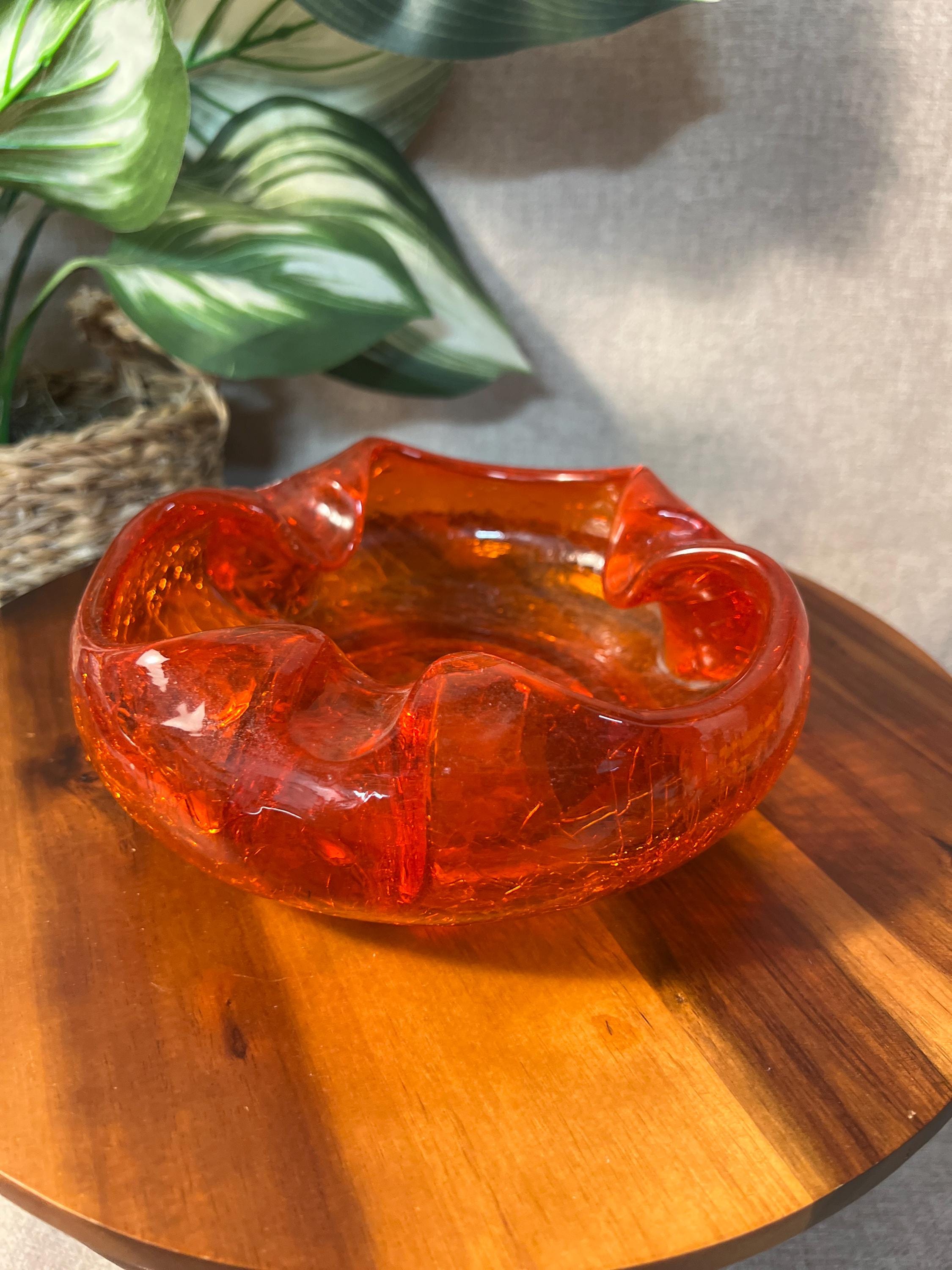 Vintage Viking Crackle Glass Ashtray MCM Red Orange Cadmium Glow 6"