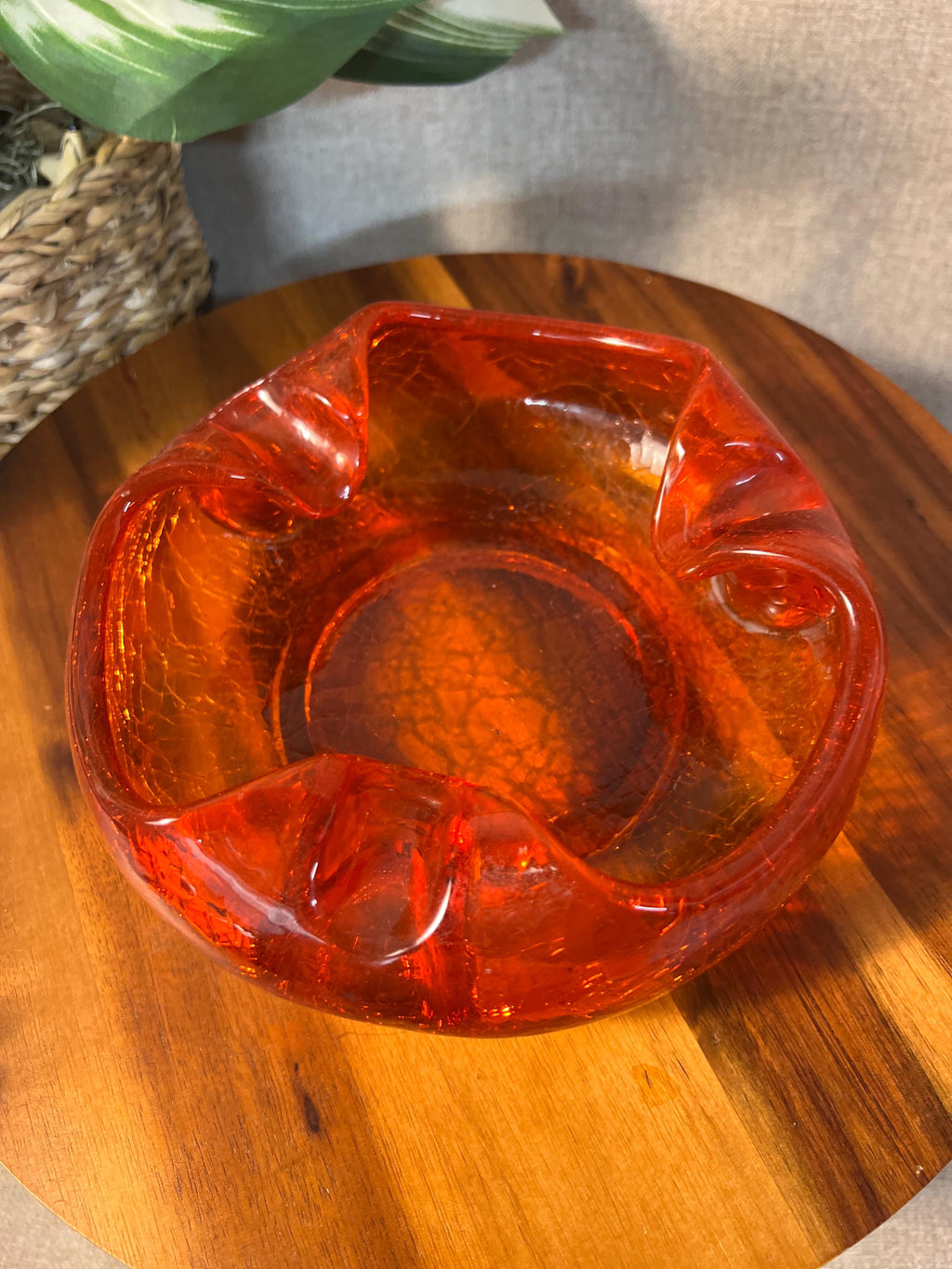 Vintage Viking Crackle Glass Ashtray MCM Red Orange Cadmium Glow 6"