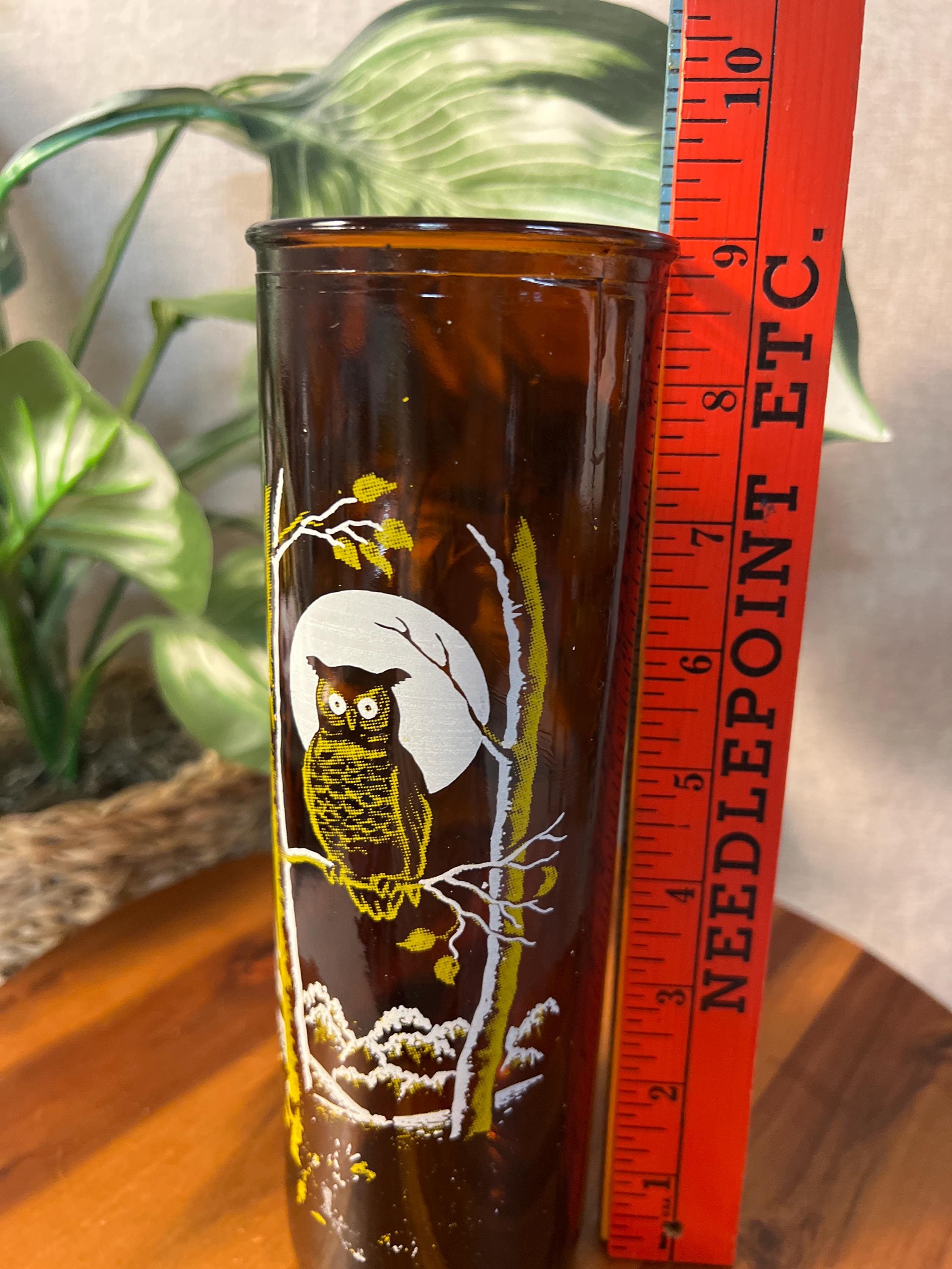 Vintage Double Sided Amber Glass 9" Tall Pillar Owl Candle 1970s Retro MCM Design