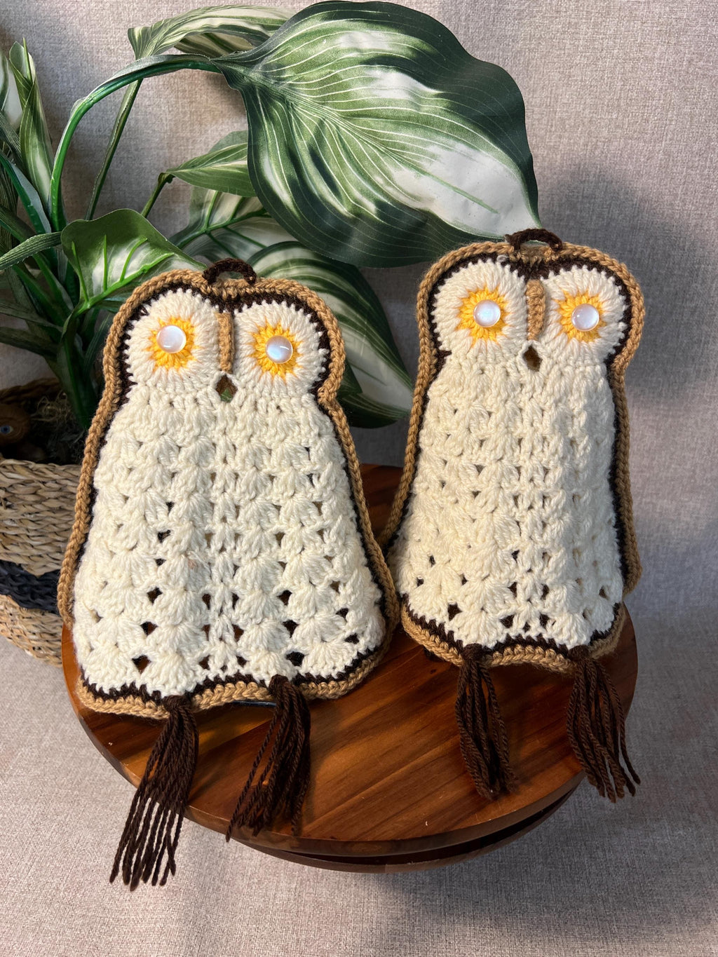 Handmade Crochet Owl Pot Holders, Pair — 1970s Kitchen Trivets