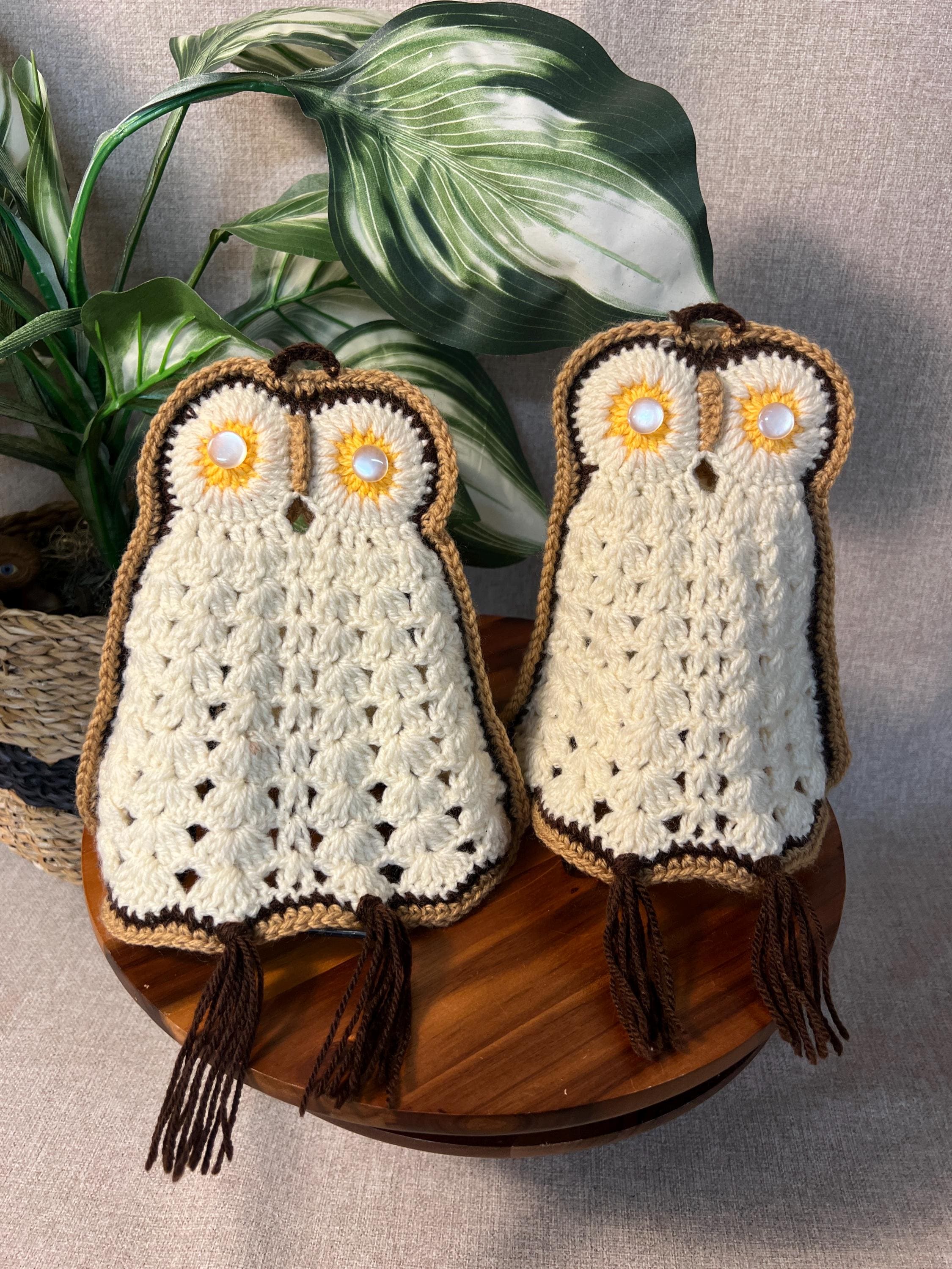 Handmade Crochet Owl Pot Holders, Pair — 1970s Kitchen Trivets