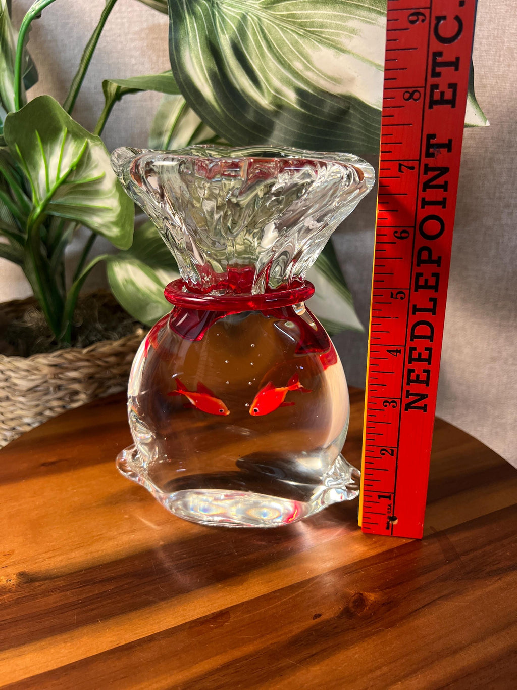 Murano 7" GoldFish Aquarium Bag Art Glass Paperweight w/Red Ribbon
