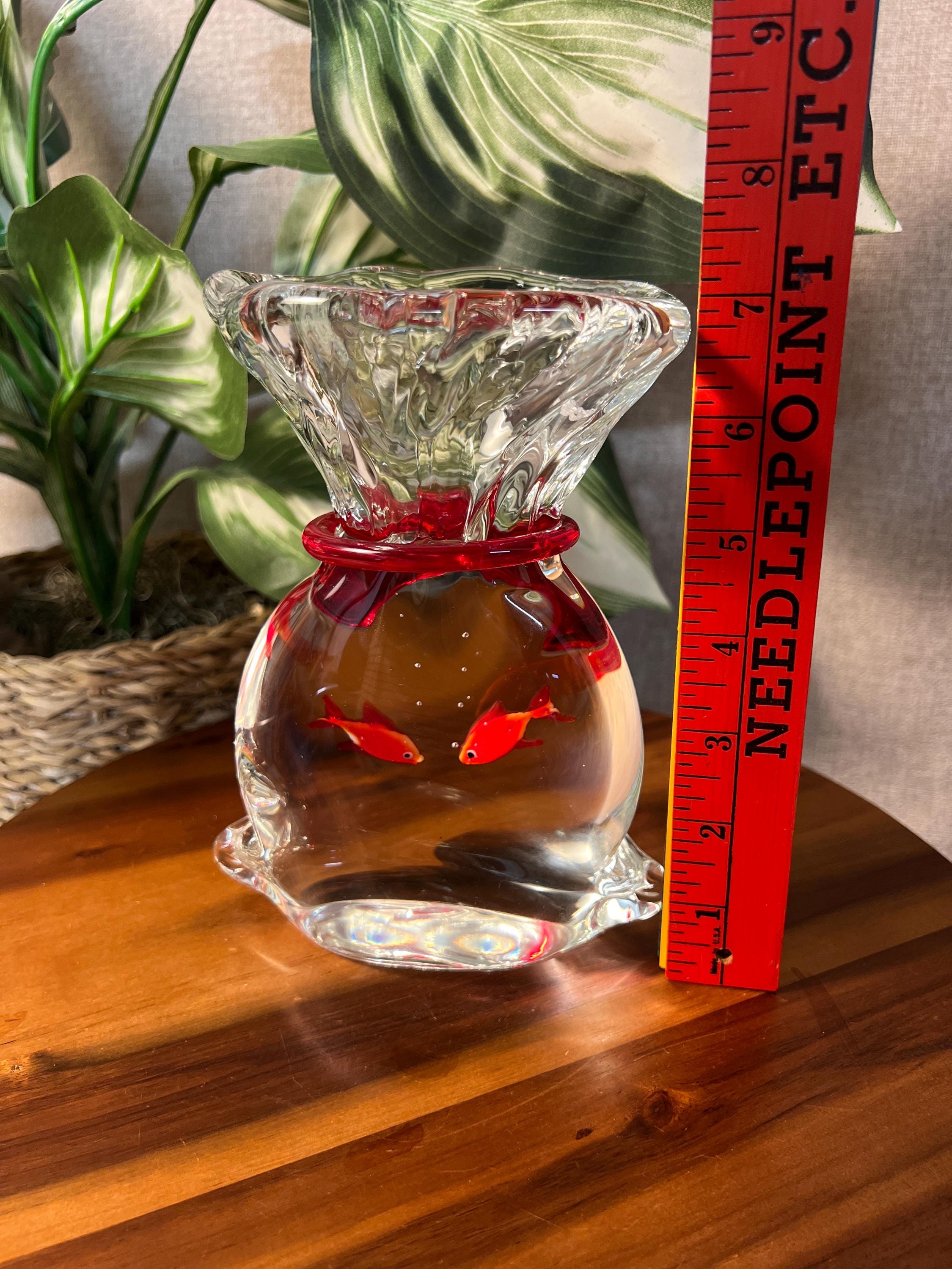 Murano 7" GoldFish Aquarium Bag Art Glass Paperweight w/Red Ribbon