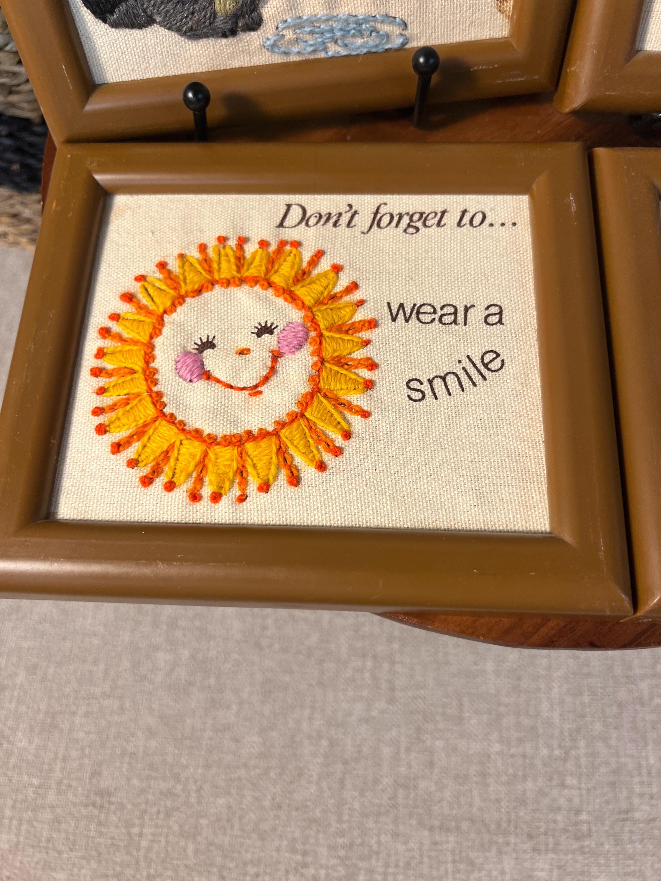 Vtg 1981 Creative Circle Crewel Friendly Reminders Framed Set/4 Child Decor