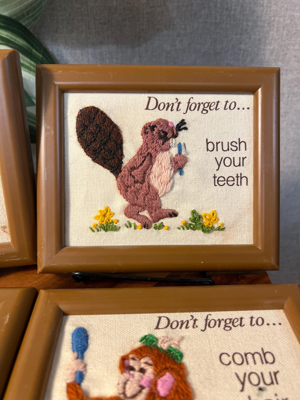 Vtg 1981 Creative Circle Crewel Friendly Reminders Framed Set/4 Child Decor