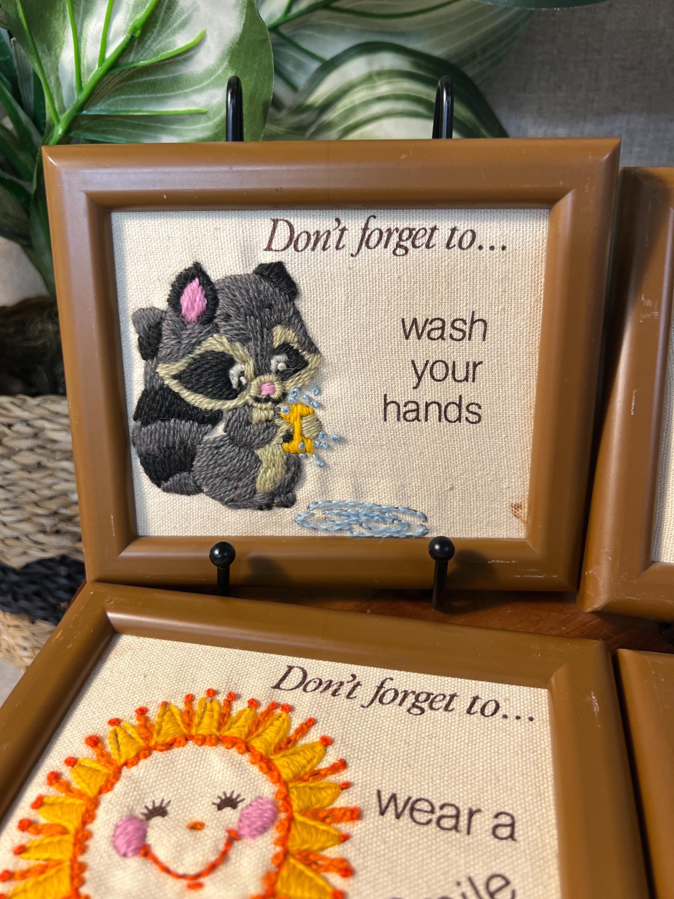 Vtg 1981 Creative Circle Crewel Friendly Reminders Framed Set/4 Child Decor