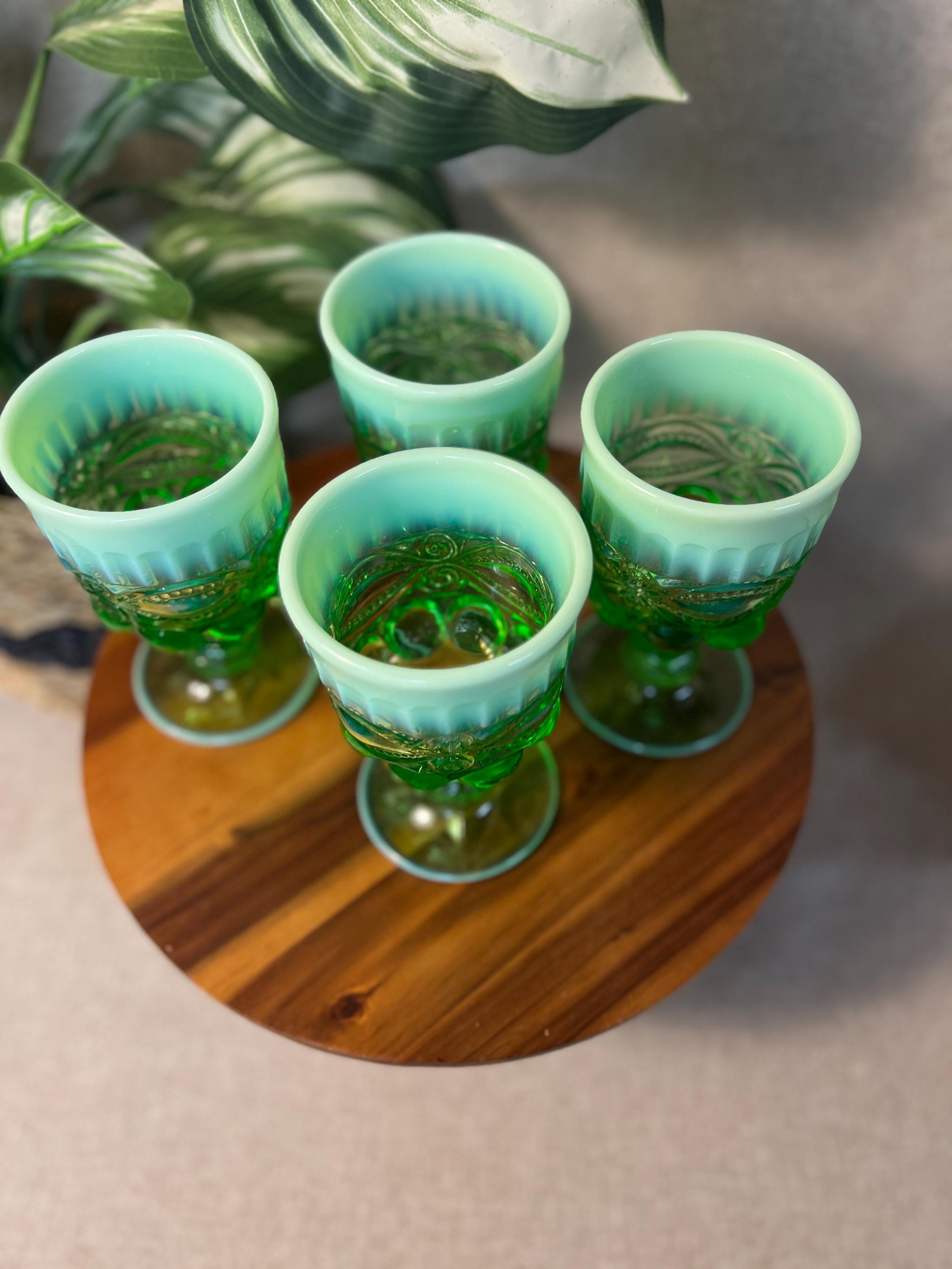 Mosser Eye Winker Opalescent Green Water Goblets Set Of Four Glasses 6.5oz USA