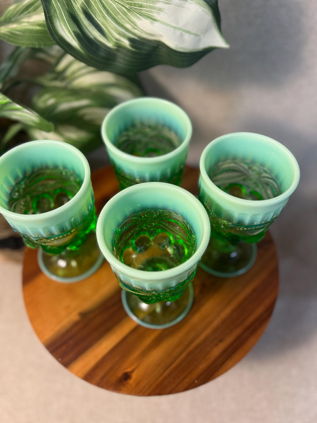 Mosser Eye Winker Opalescent Green Water Goblets Set Of Four Glasses 6.5oz USA