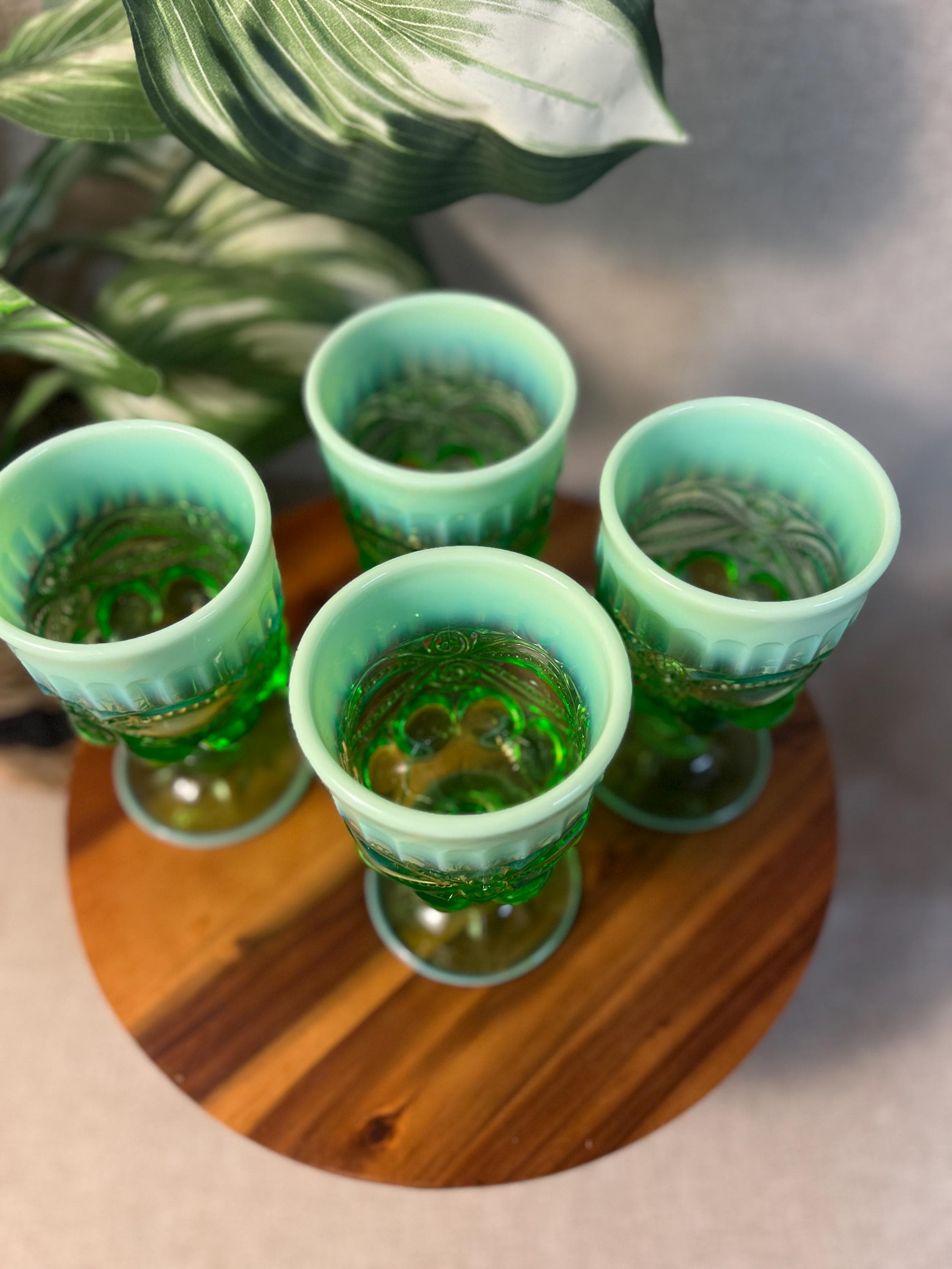 Mosser Eye Winker Opalescent Green Water Goblets Set Of Four Glasses 6.5oz USA