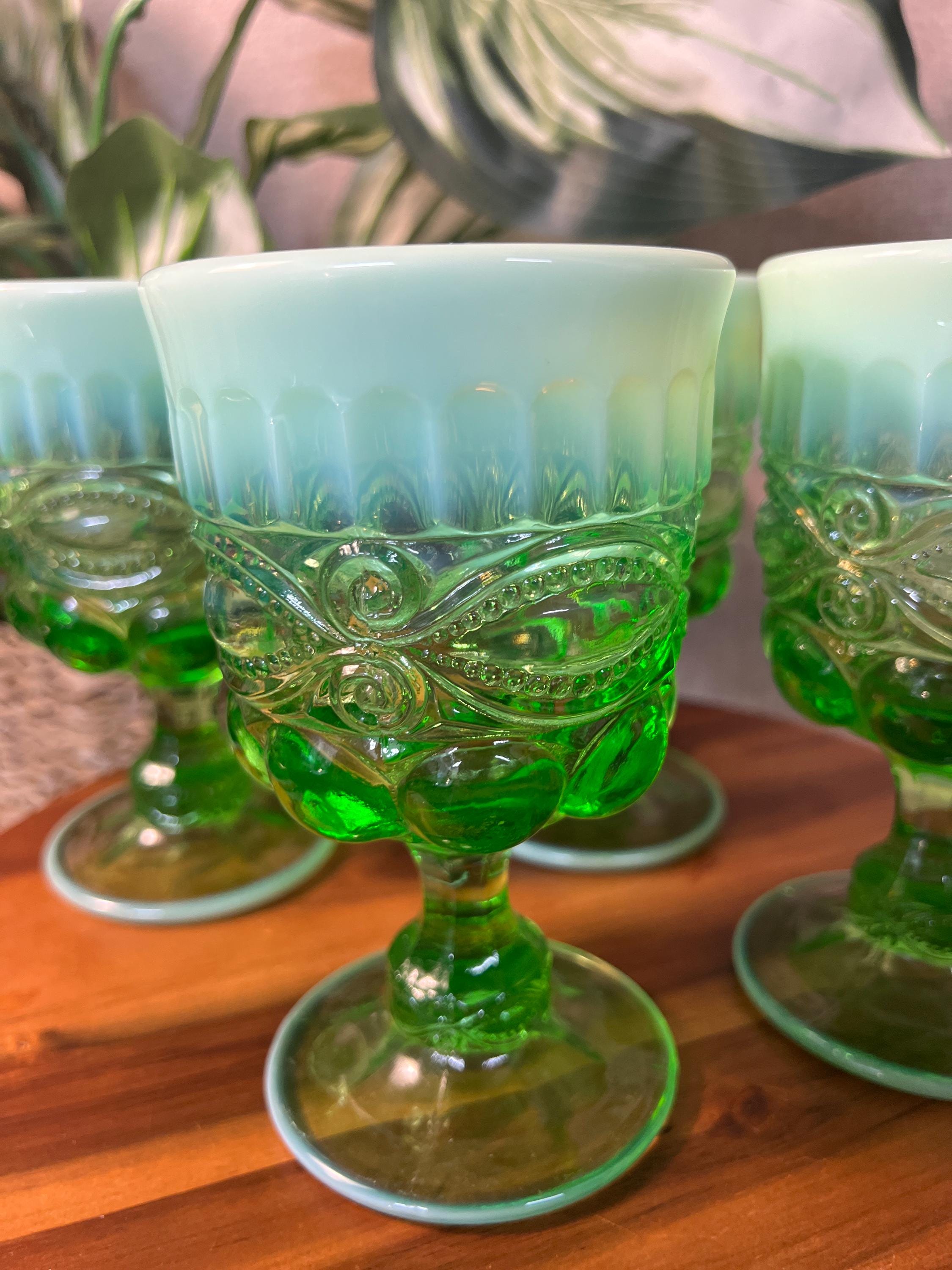 Mosser Eye Winker Opalescent Green Water Goblets Set Of Four Glasses 6.5oz USA