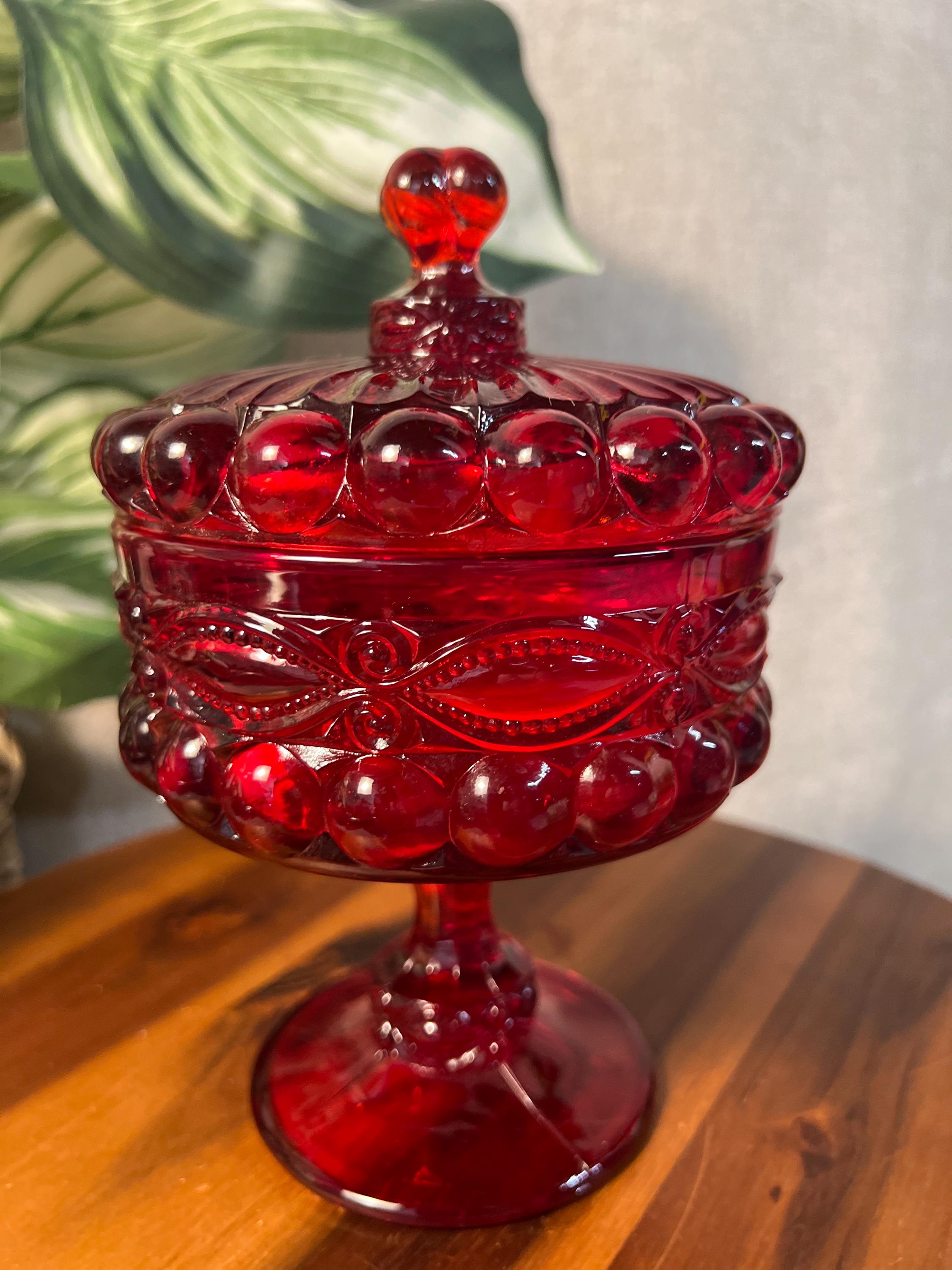 Vintage MOSSER GLASS Ruby Red Covered Candy Dish Compote Eye Winker 7"