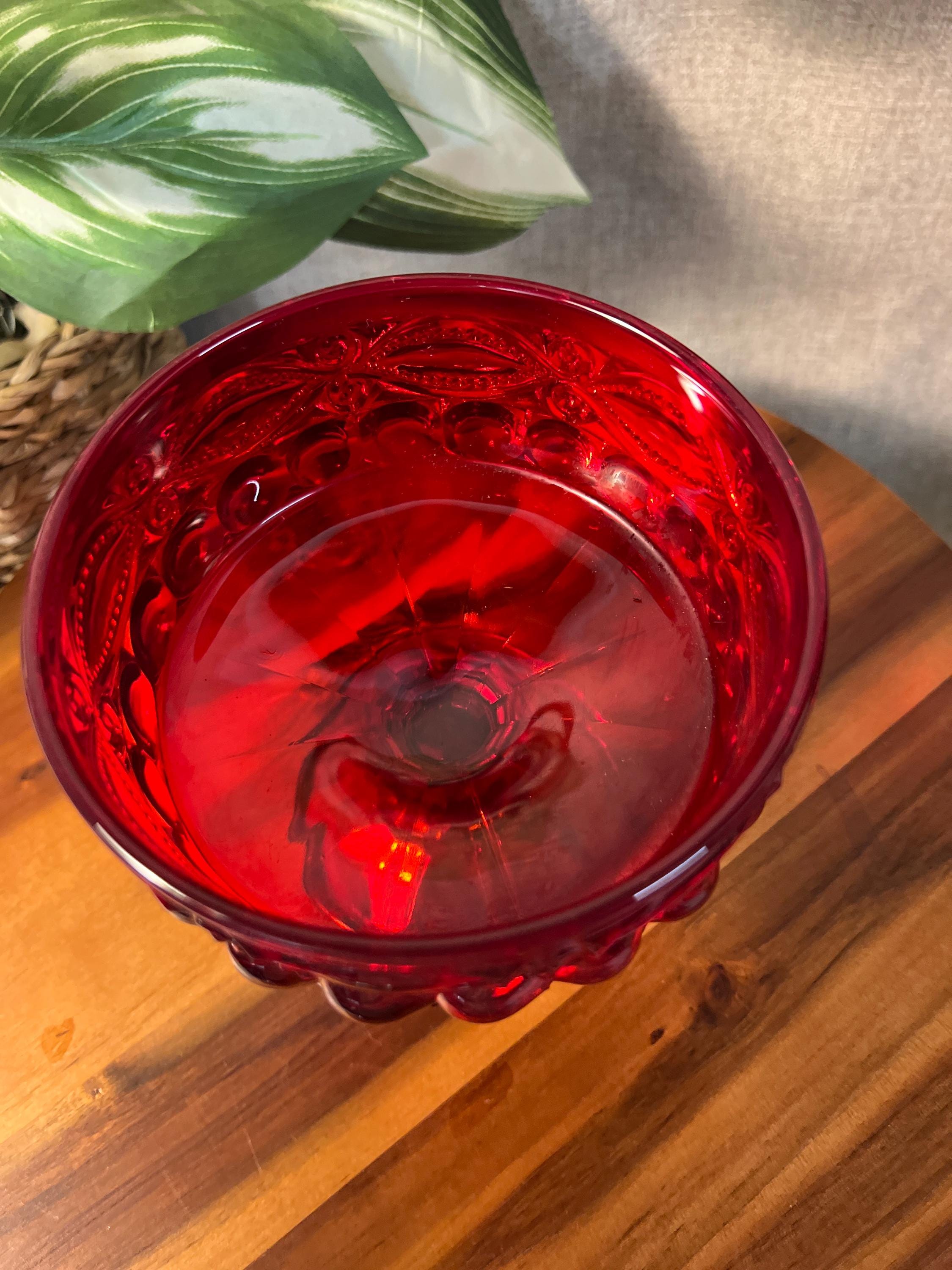 Vintage MOSSER GLASS Ruby Red Covered Candy Dish Compote Eye Winker 7"