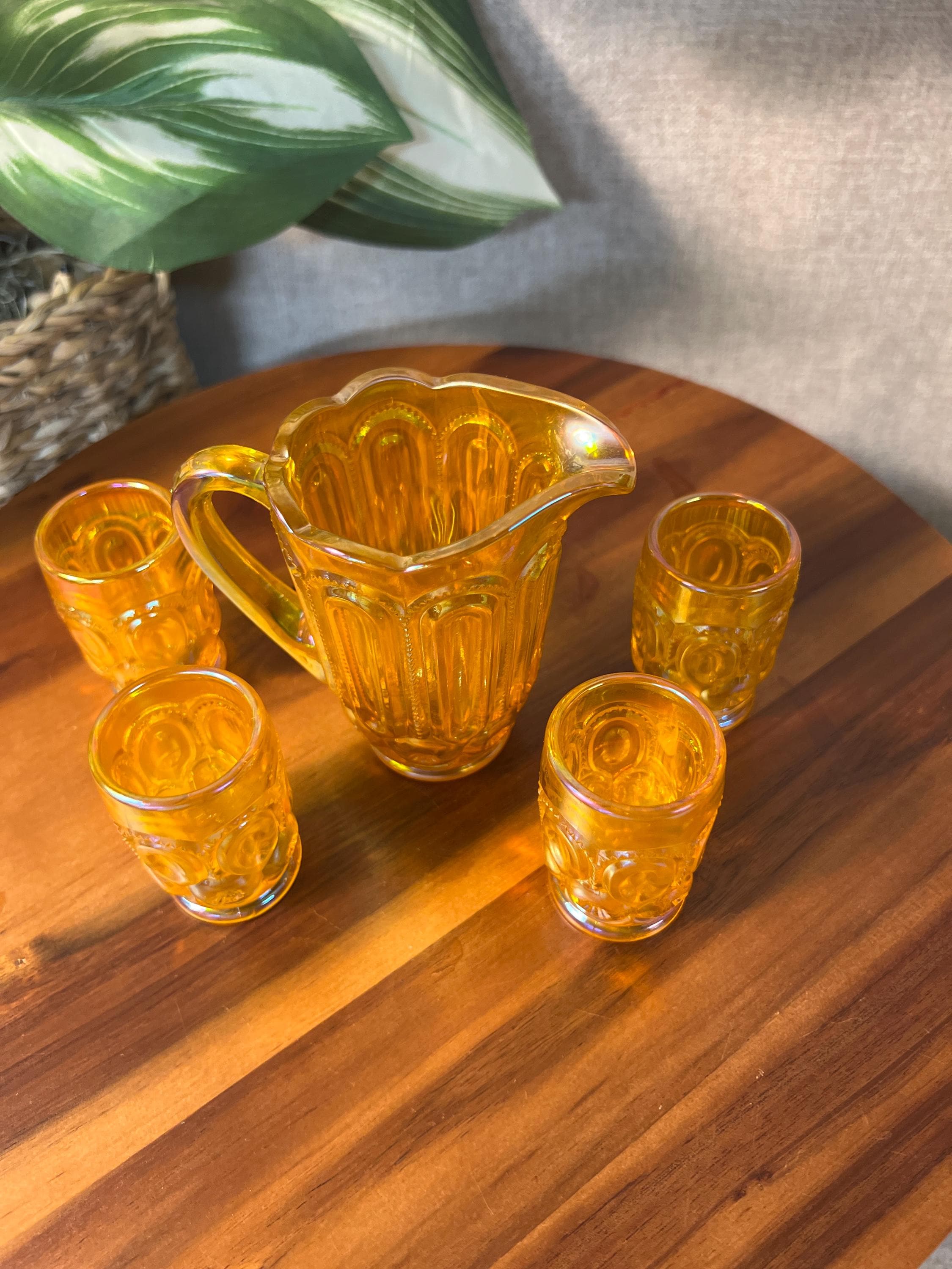 Weishar Iridized Orange Carnival Glass Mini Pitcher 4 Tumblers Set Moon Stars