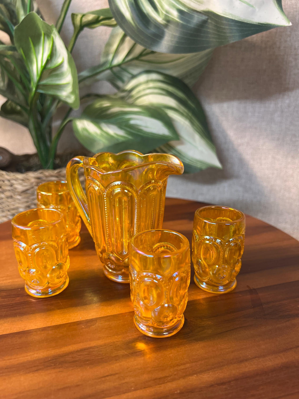 Weishar Iridized Orange Carnival Glass Mini Pitcher 4 Tumblers Set Moon Stars