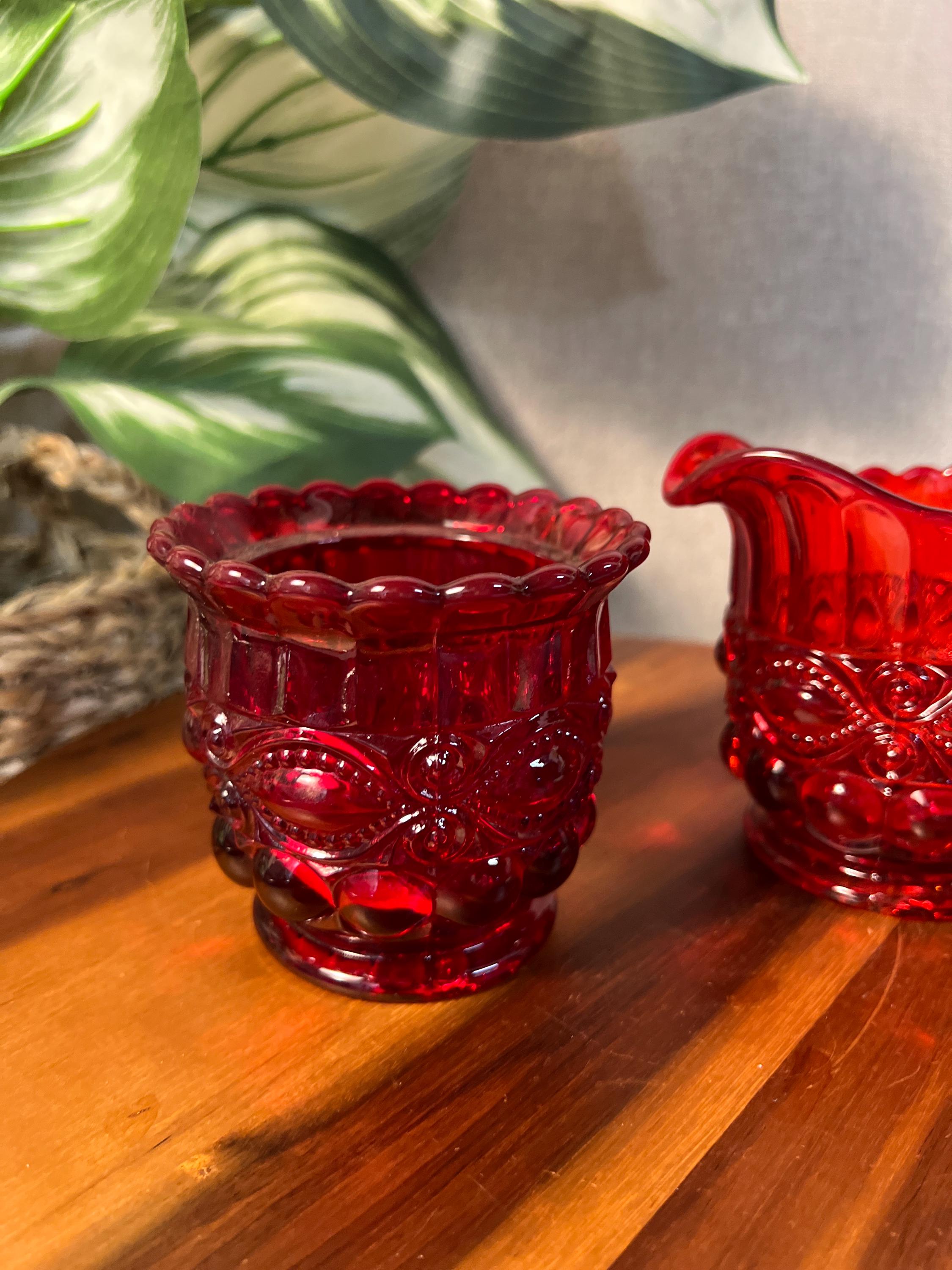 Mosser Eyewinker Pattern Ruby Red Glass Cream and Sugar Bowl missing lid