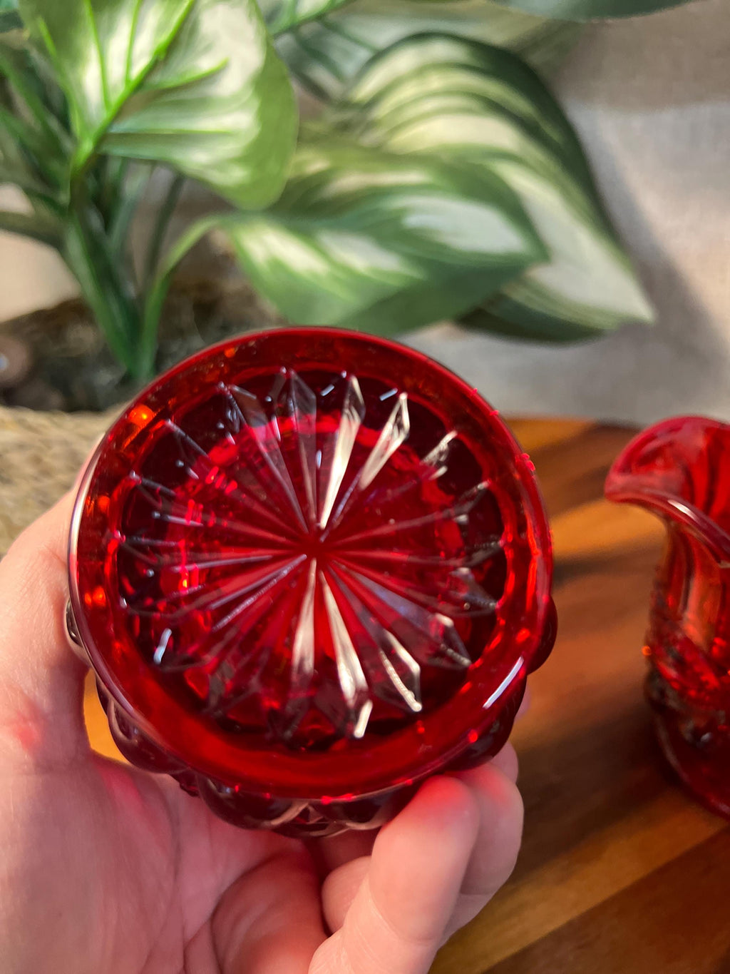 Mosser Eyewinker Pattern Ruby Red Glass Cream and Sugar Bowl missing lid