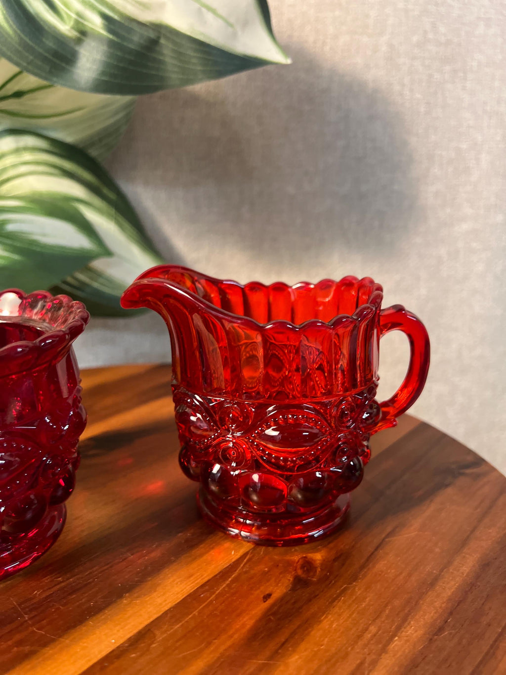 Mosser Eyewinker Pattern Ruby Red Glass Cream and Sugar Bowl missing lid