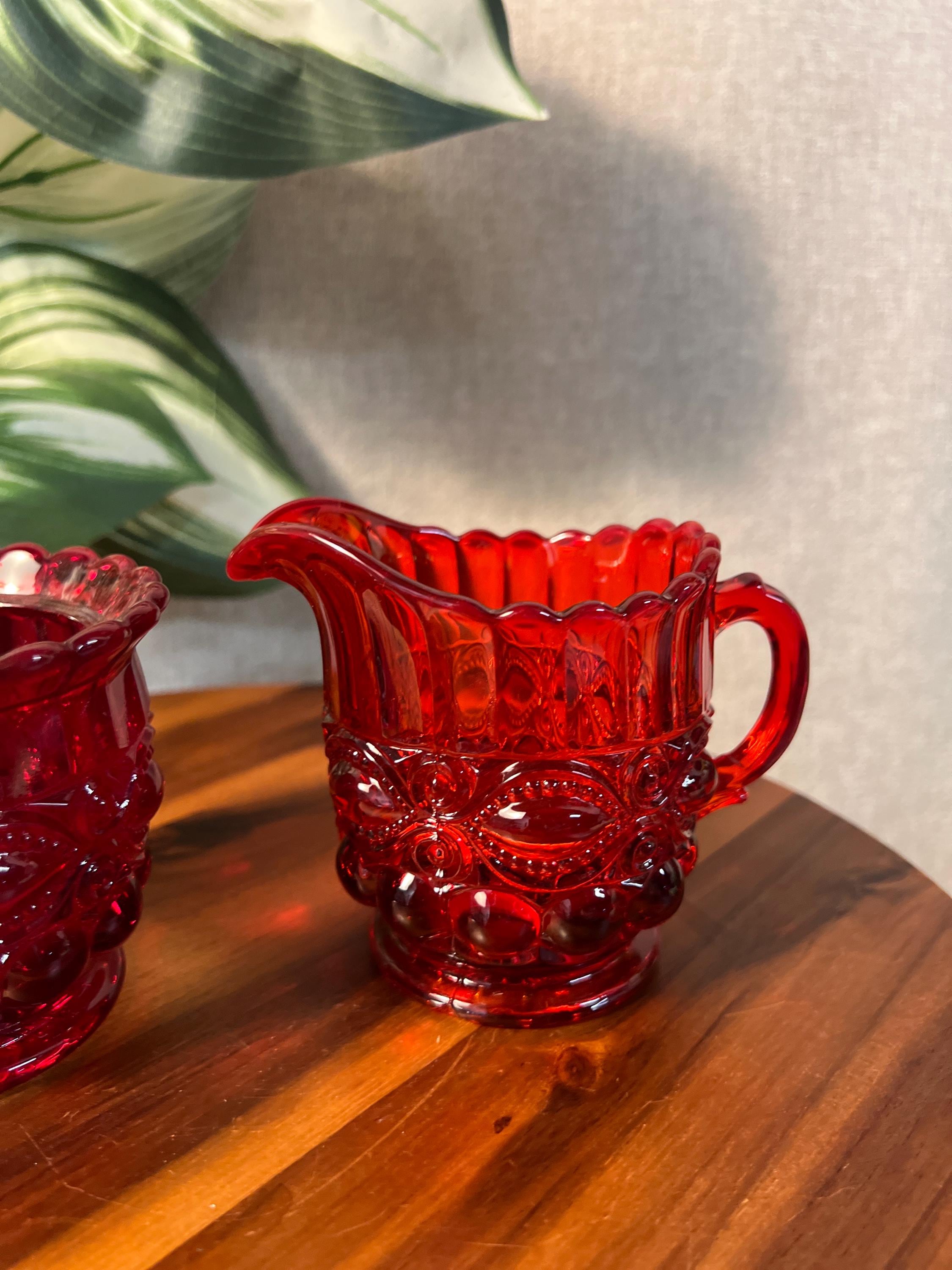 Mosser Eyewinker Pattern Ruby Red Glass Cream and Sugar Bowl missing lid
