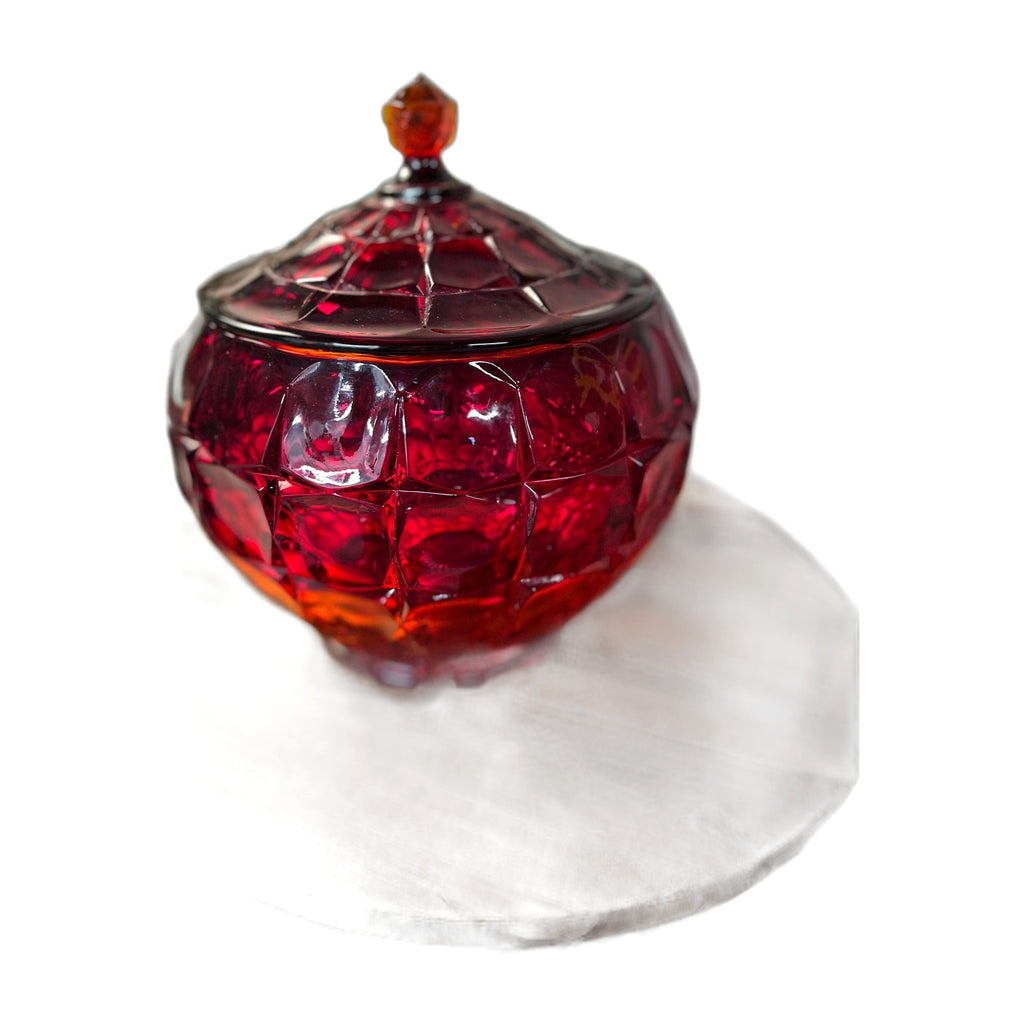 Indiana Glass Constellation Cookie Candy Bowl Dish Lid Glows Amberina Red