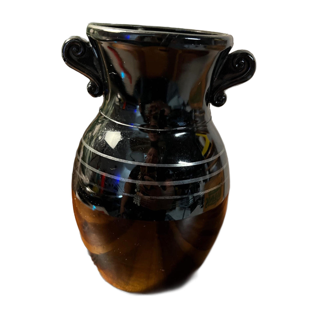 L.E. Smith Glass Co. Black Amethyst Glass Vase Double Ear Handles 3 Stripes